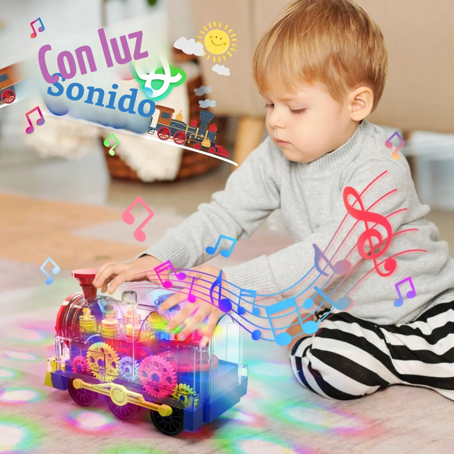 Juguete de Tren Luminoso para Niños Pequeños: Engranaje Transparente con Luces y Música, Educativo para Gatear