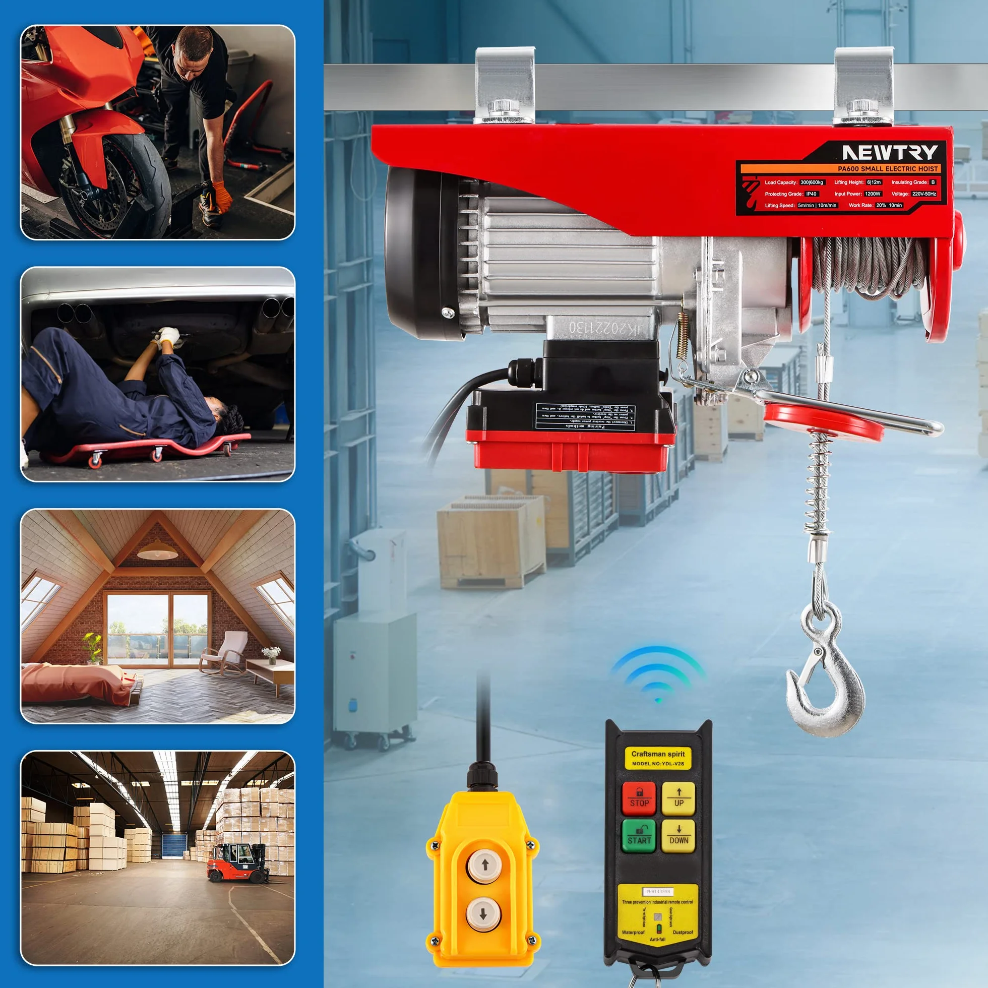 NEWTRY Polipasto Eléctrico 300kg/600kg, 12m/6m Cabrestante Eléctrico, Control Inalámbrico 100m, Control por Cable 2m, para el Hogar Garaje Almacén 1200W
