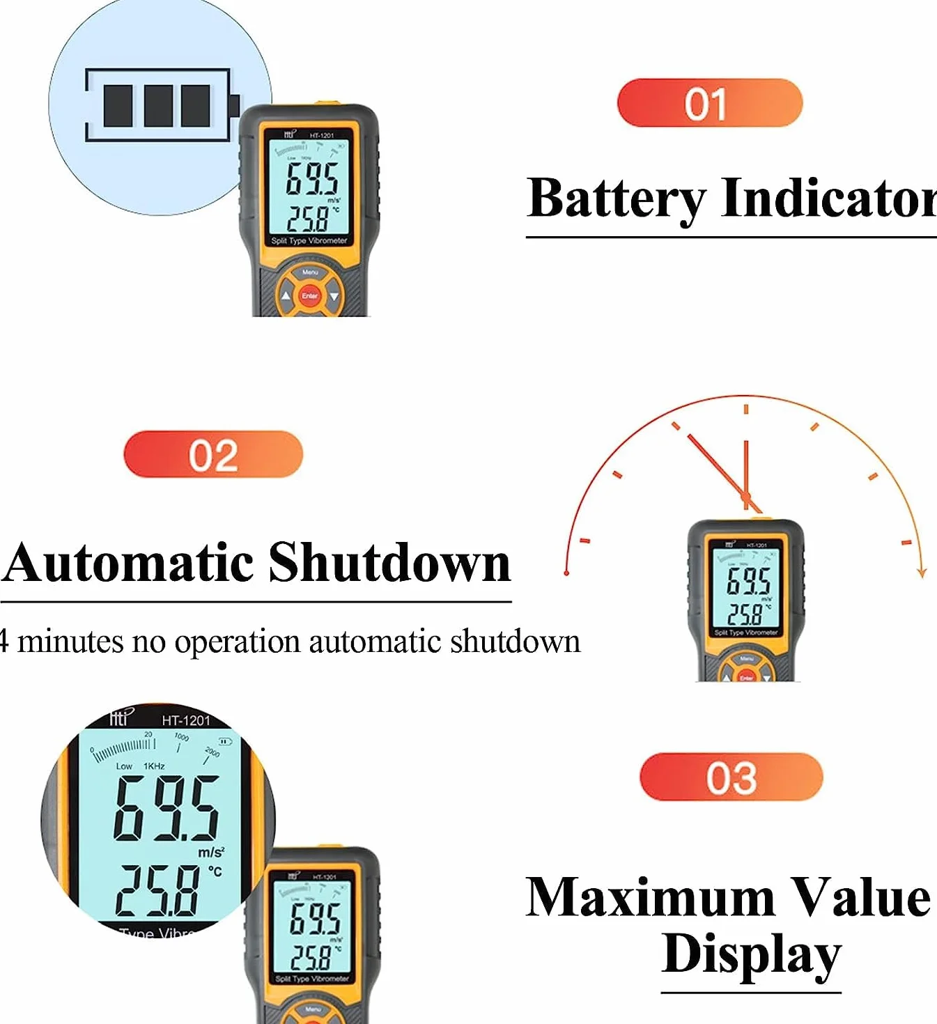 Comprobador de Vibración, Medidor de Vibración Digital, Medidor de Vibración Digital con Sonda y Mango, para Fabricación Mecánica, Potencia Eléctrica, Ingeniería QuíMica.