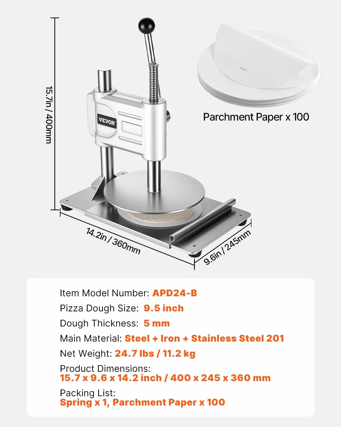 VEVOR Prensa Manual para Masa de Pizza, Placa de 24 cm, Prensa de Pan de Acero Inoxidable, para Hacer Chapatis, Formadora con Asa y 100 Hojas de Papel Pergamino, 400 x 245 x 360 mm, Color Plata