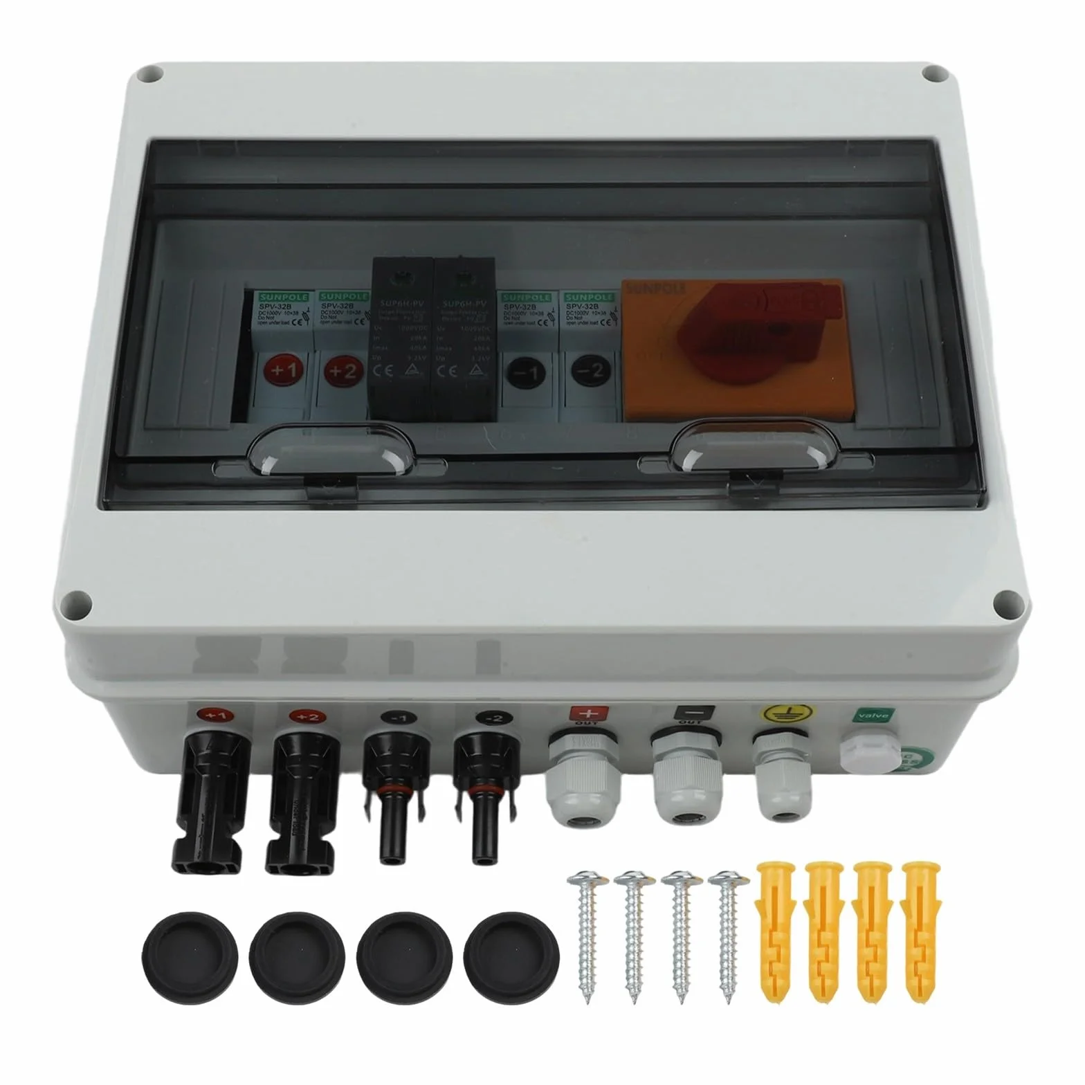 1000V 2 en 1 caja combinadora fotovoltaica para sistema solar fotovoltaico IP65 impermeable DC String Junction con fusibles de 16A DC y interruptor de aislamiento de 32A para paneles