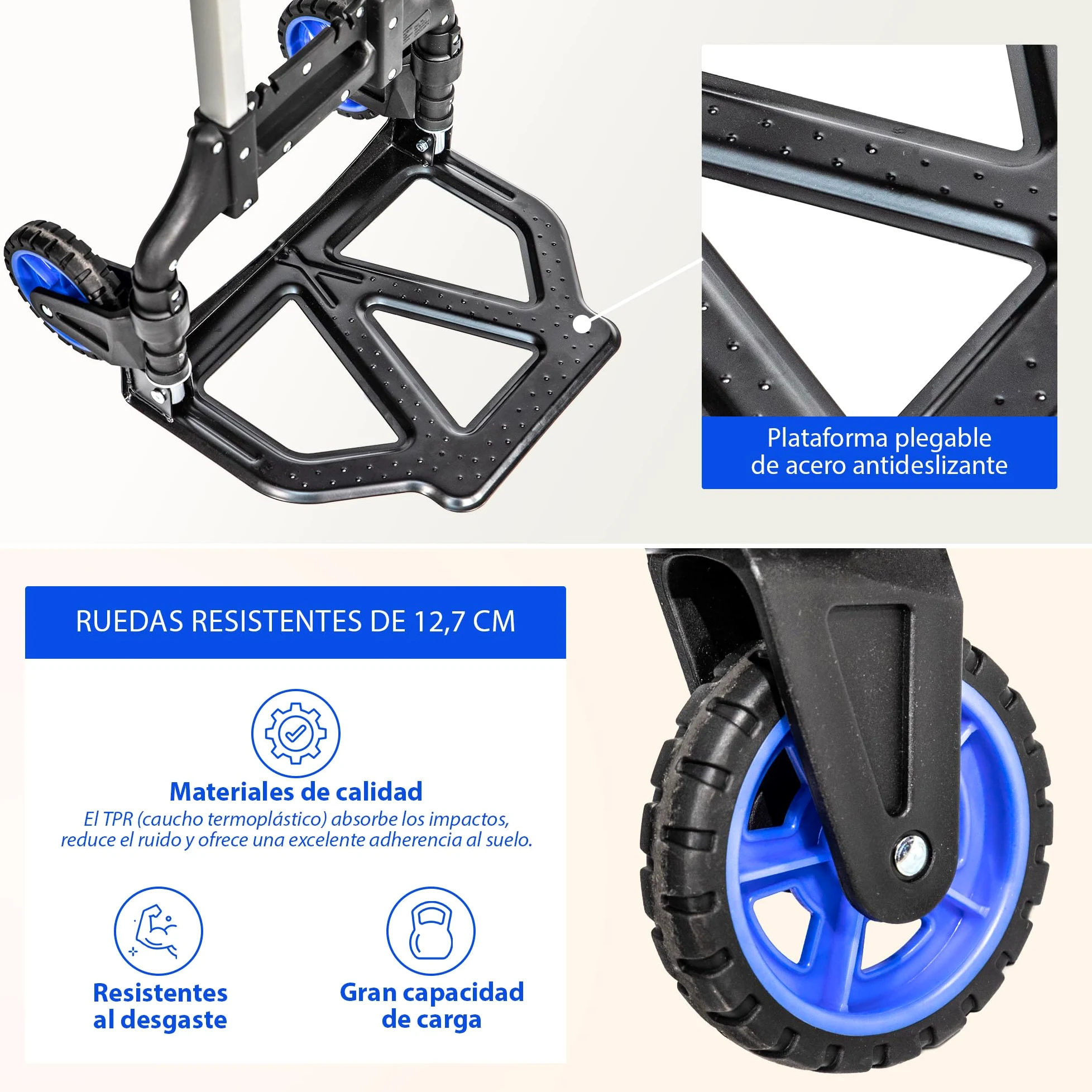 HOSTRÖM Carretilla Plegable de Aluminio de 2 Ruedas para Mover y Transportar Materiales. Compacta y Ligera. Carga máxima: 60 kg. 5 años de garantía.