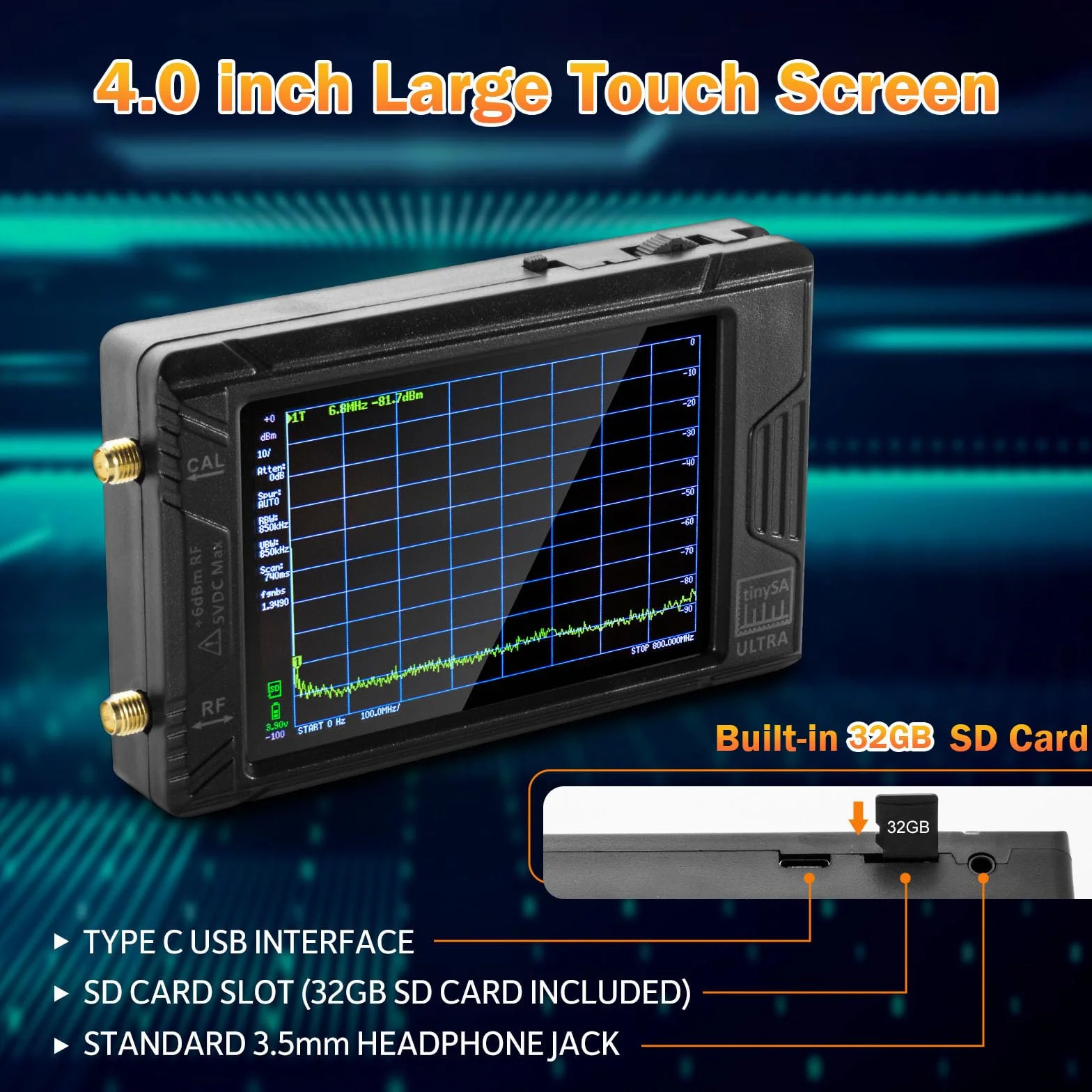 AURSINC TinySA Ultra+ ZS406 Analizador de Espectro, 2025 Actualizado HW V0.4.6 de 4.0 pulgadas 100kHz-5.4GHz con tarjeta de 32Gb, generador de señal 2 en 1 de 100kHz a 900MHz MF/HF/VHF/UHF Entrada