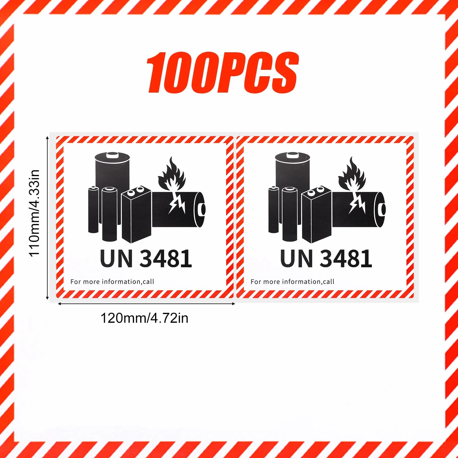 Etiquetas de Precaución para Baterías Iones Litio UN3481 12x11cm, 100 Uds
