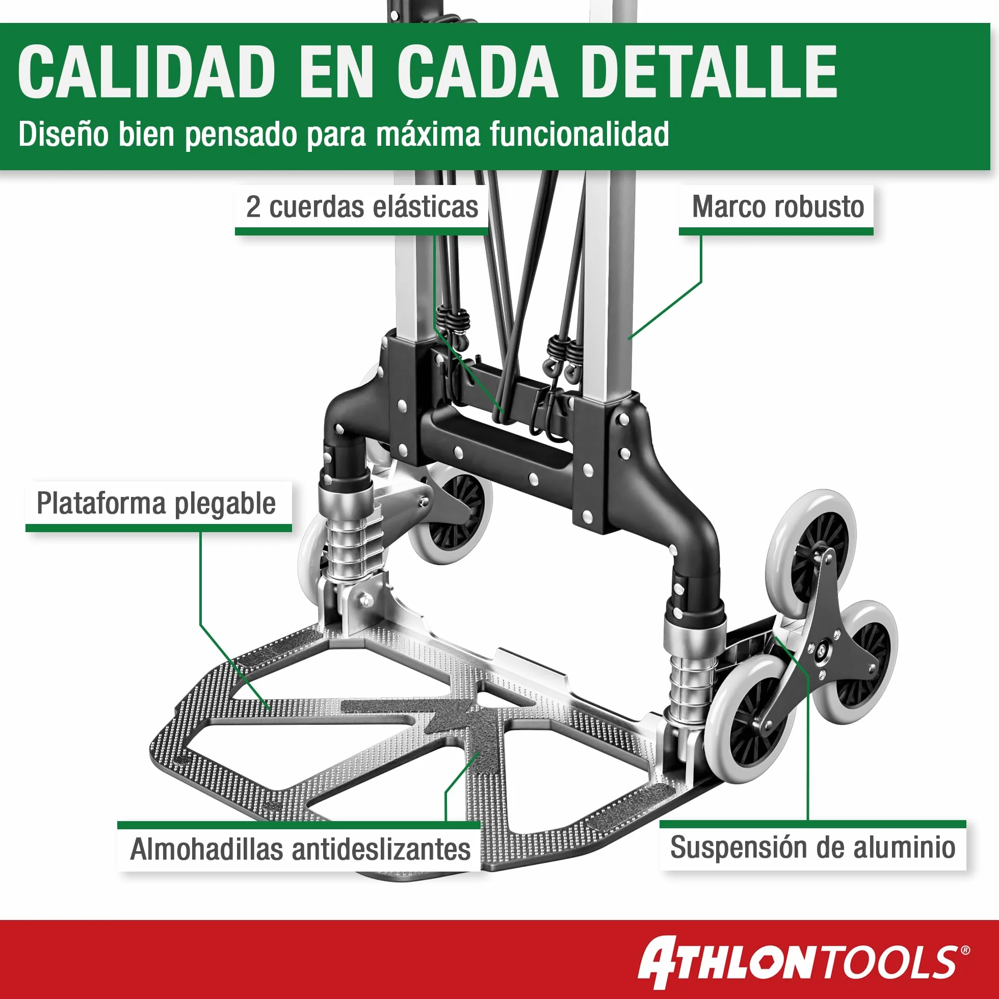 ATHLON TOOLS Carretilla Plegable de Aluminio, TÜV GS-Certificado, Mango 110 cm, Almohadillas Antideslizantes, Modelo 2025