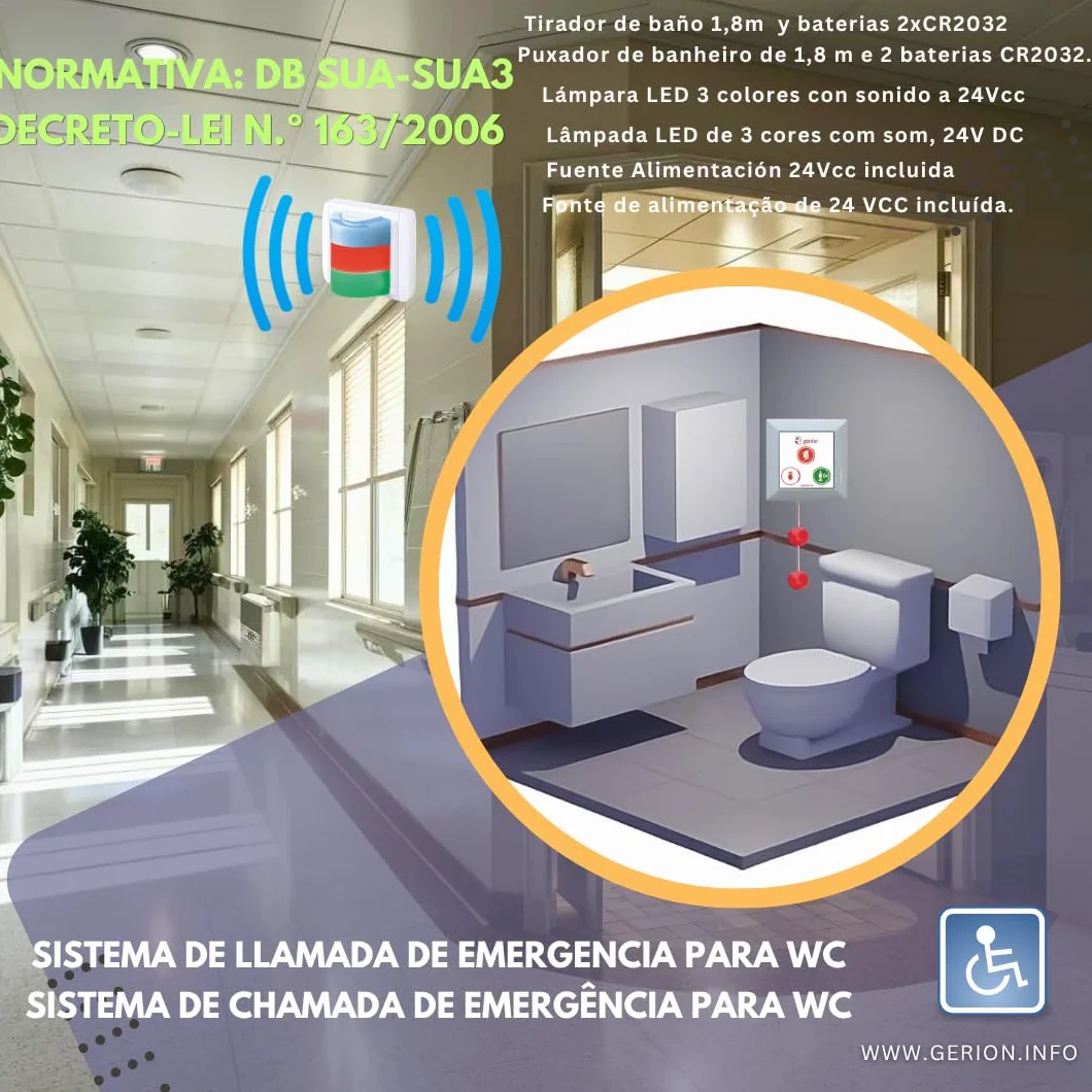 Kit Llamada Alarma Emergencia Inalámbrico Tirador Pulsador Aviso Acústico Lámpara Alta Visibilidad Baños Asistidos Adaptados