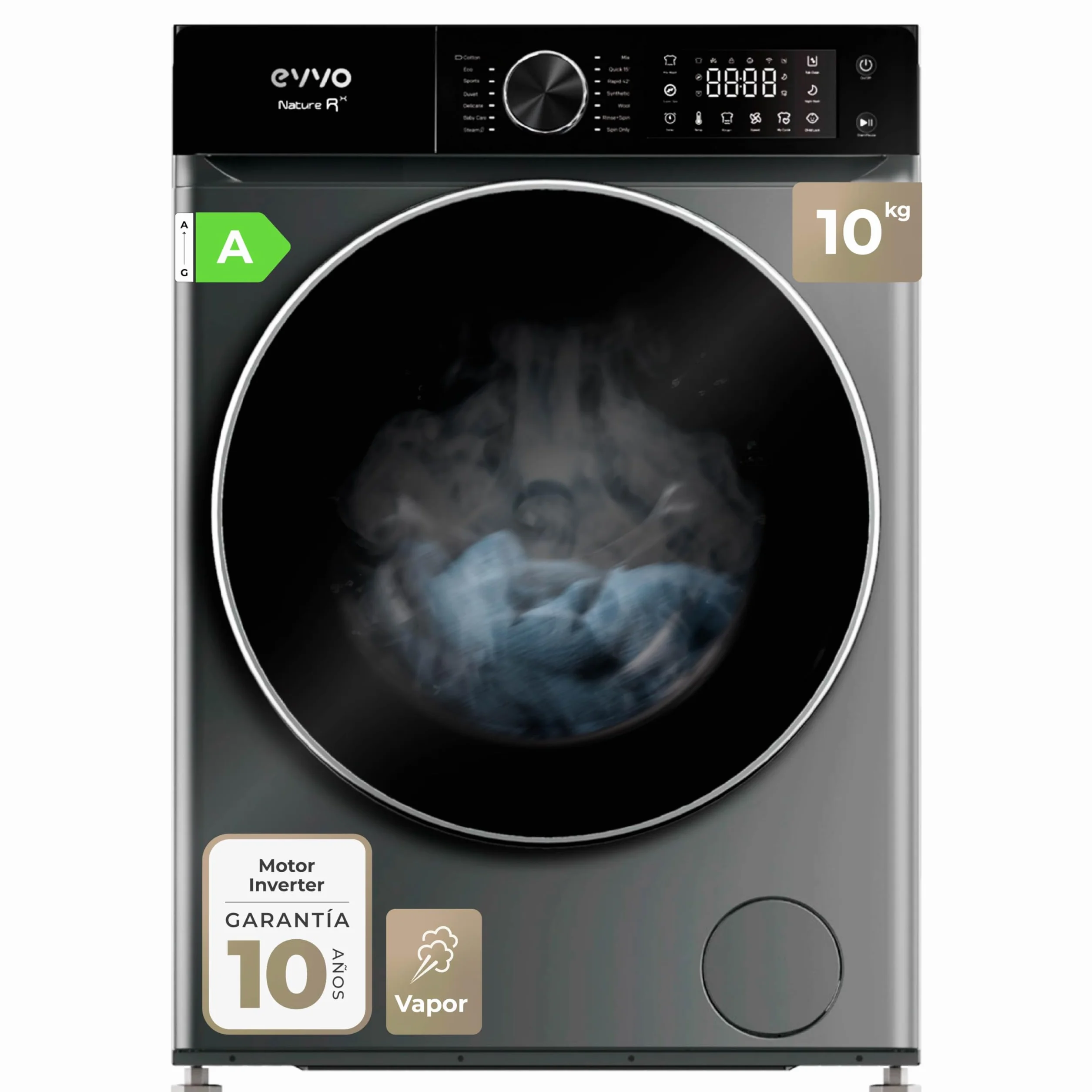 EVVO Lavadora NATURE R 10 Kg 1400 RPM Clase A Vapor Higienizante Tambor ePROTECT Diamante Motor Inverter