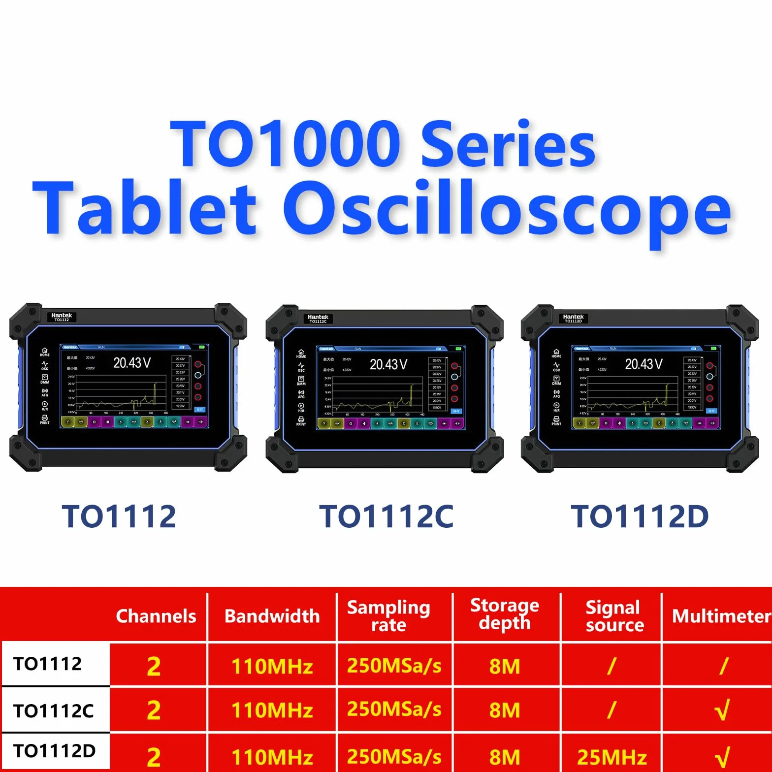 Hantek TO1112D Pantalla táctil Digital Osciloscopio 2 canales 110Mhz Hanheld Tableta Digital Osciloscopio +Fuente de señal +Multímetro