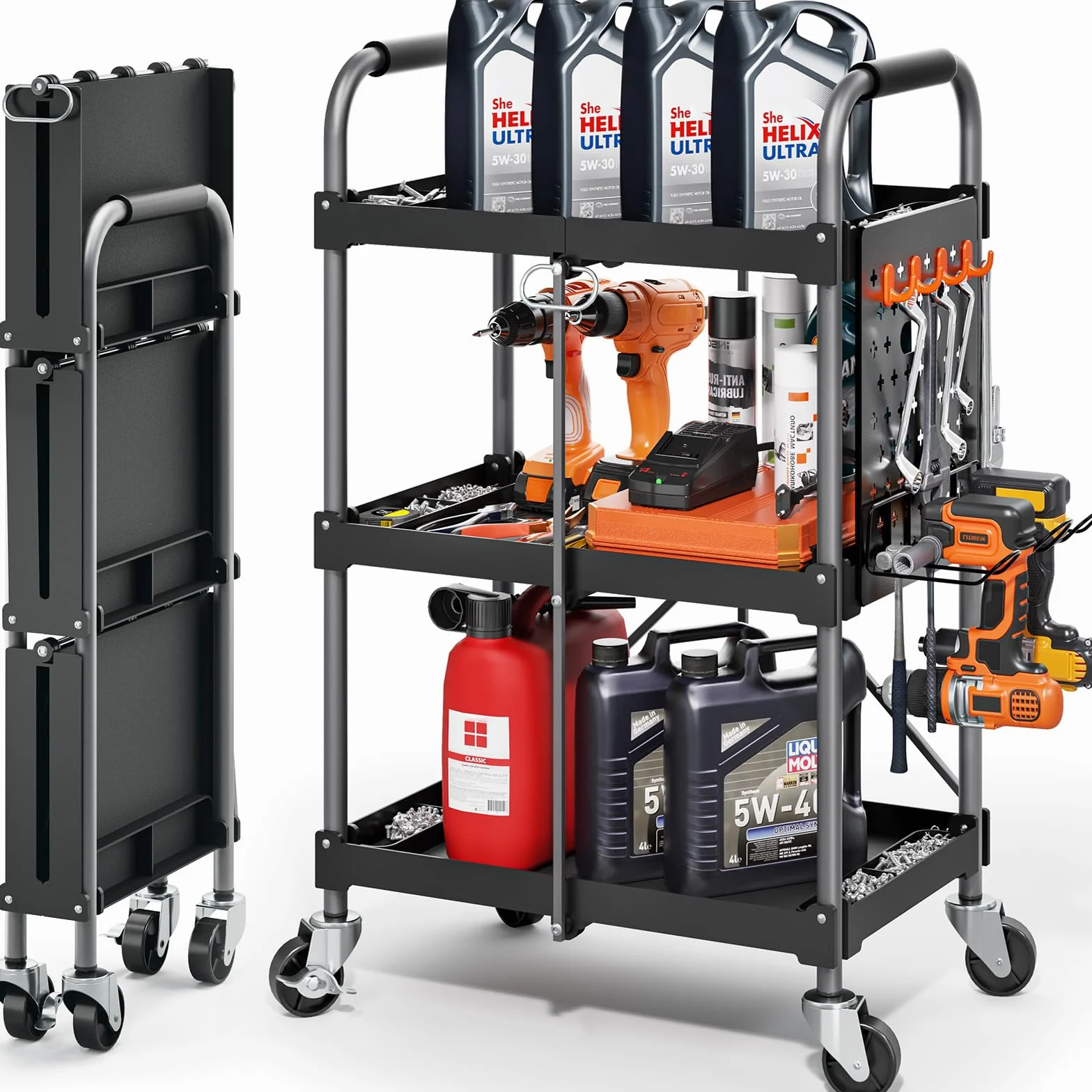 KINGRACK Carro de Herramientas con Ruedas de 3 Estantes y Mango Ergonómico, Carro de Servicio Plegable, Carro Auxiliar Taller Organizador con Placas Colgantes para Hogar Oficina Garaje Almacén, Negro