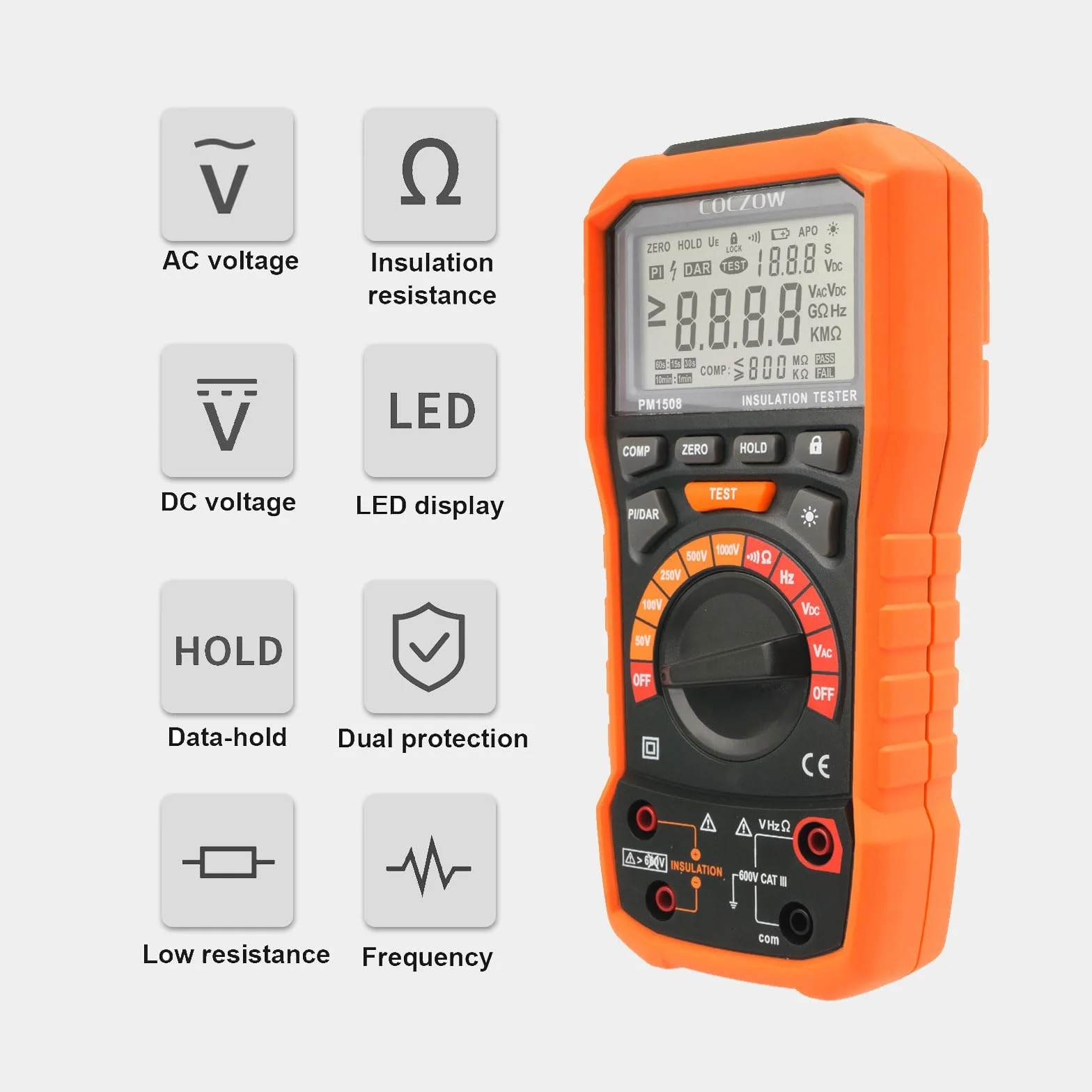 Comprobador Digital de Resistencia de Aislamiento 1000 V CA/CC Para Aparatos Eléctricos, Resistencia de Aislamiento de Hasta 100 GΩ, con PI/DAR, Prueba de Frecuencia y Baja Tensión, con Pantalla LCD