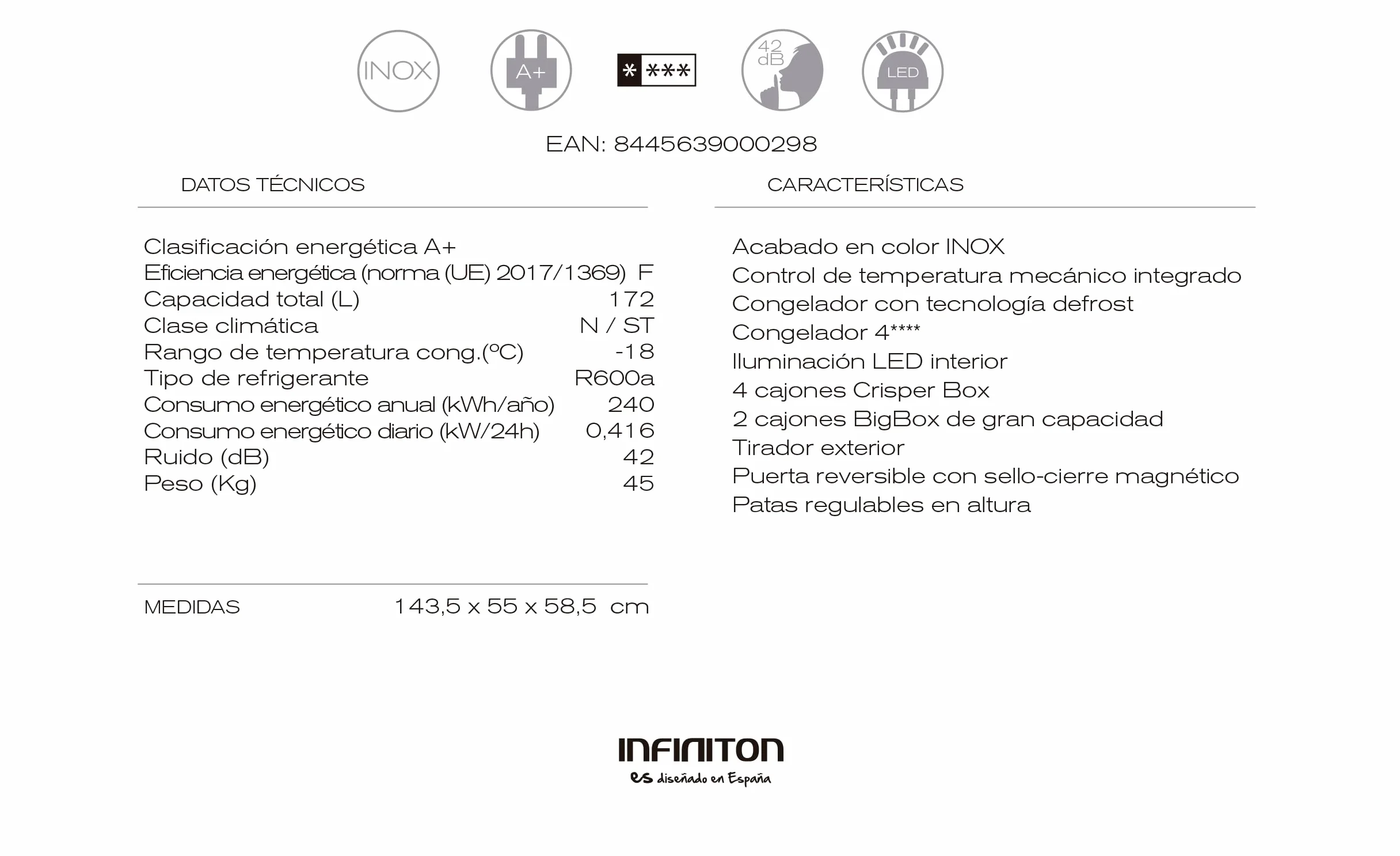 INFINITON CV-14N38 Congelador Vertical Inox 172 Litros Defrost 6 Cajones