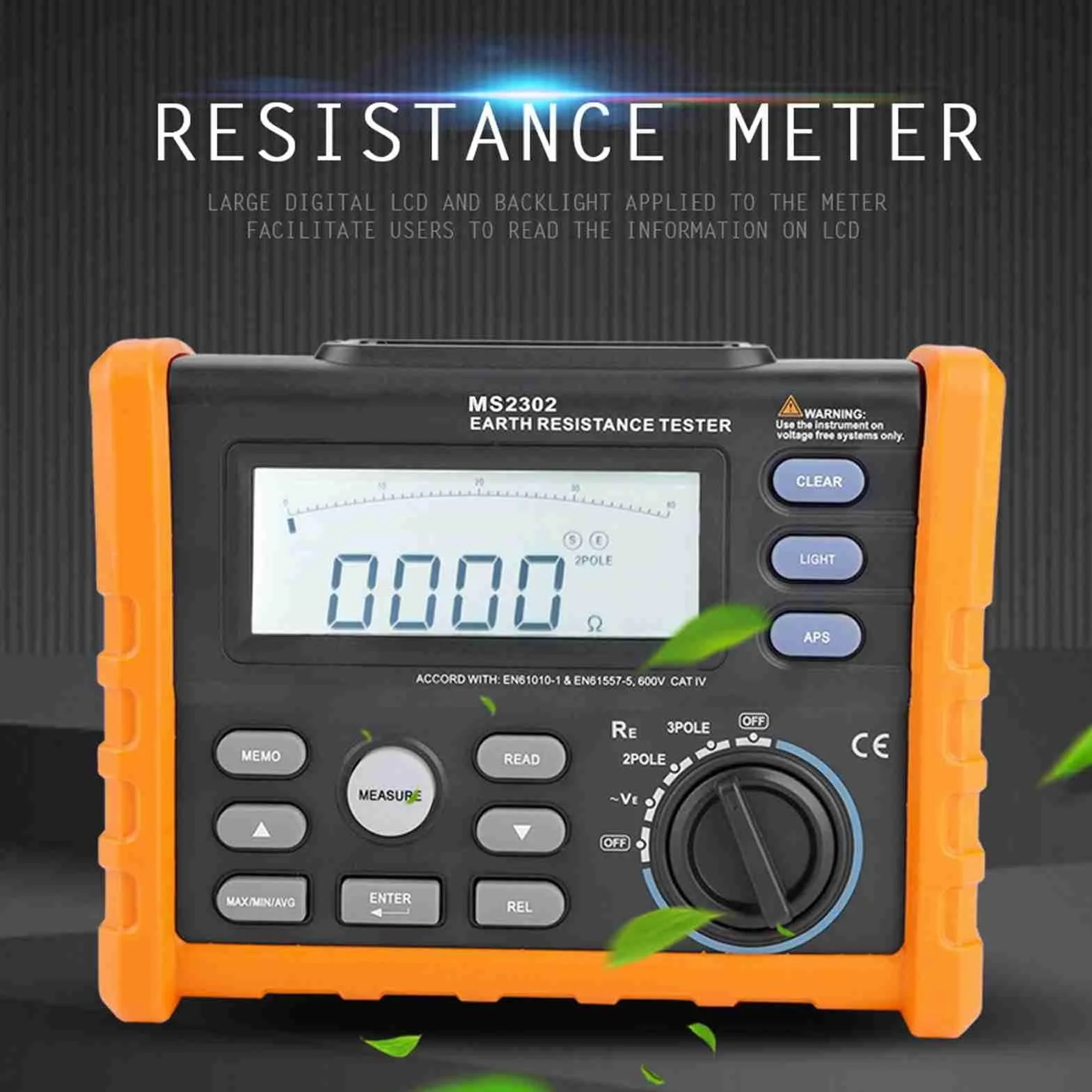 PEAKMETER MS2302 Probador de Ohmios de Varilla de Conexión a Tierra Digital, Medidor Analógico Probador de Resistencia a Tierra, 0 ~ 4K Ohm 100 Grupos Registro de Datos con
