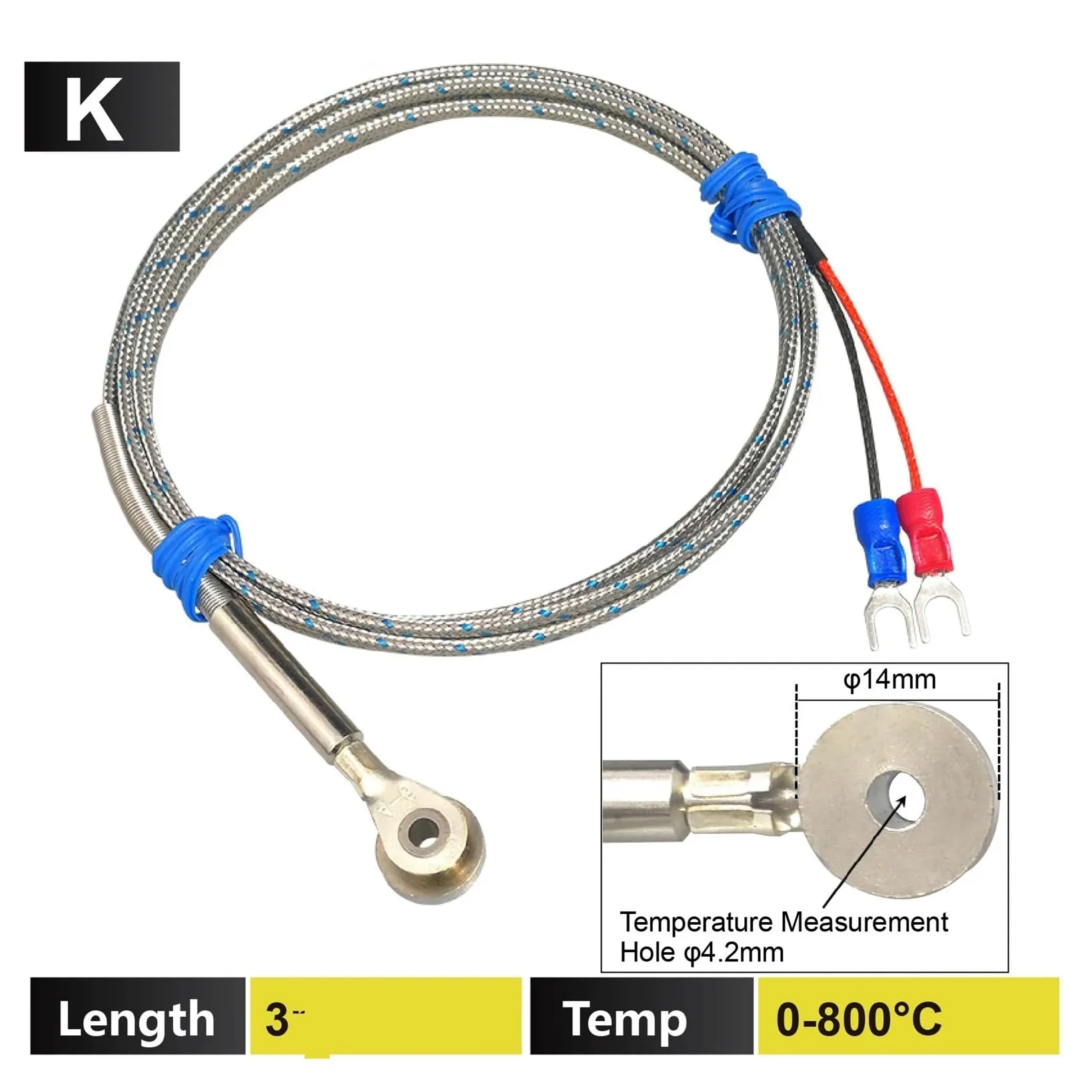 Sonda de termopar tipo K, sensor de temperatura de acero inoxidable tipo J | K-300cm