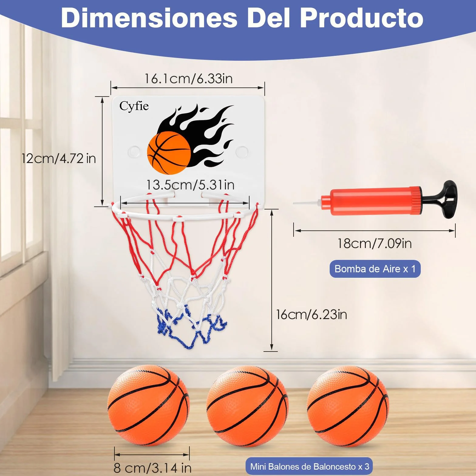 CYFIE Mini Canasta Baloncesto Infantil Interior con Ventosas, 3 Balones y 1 Bomba de Aire