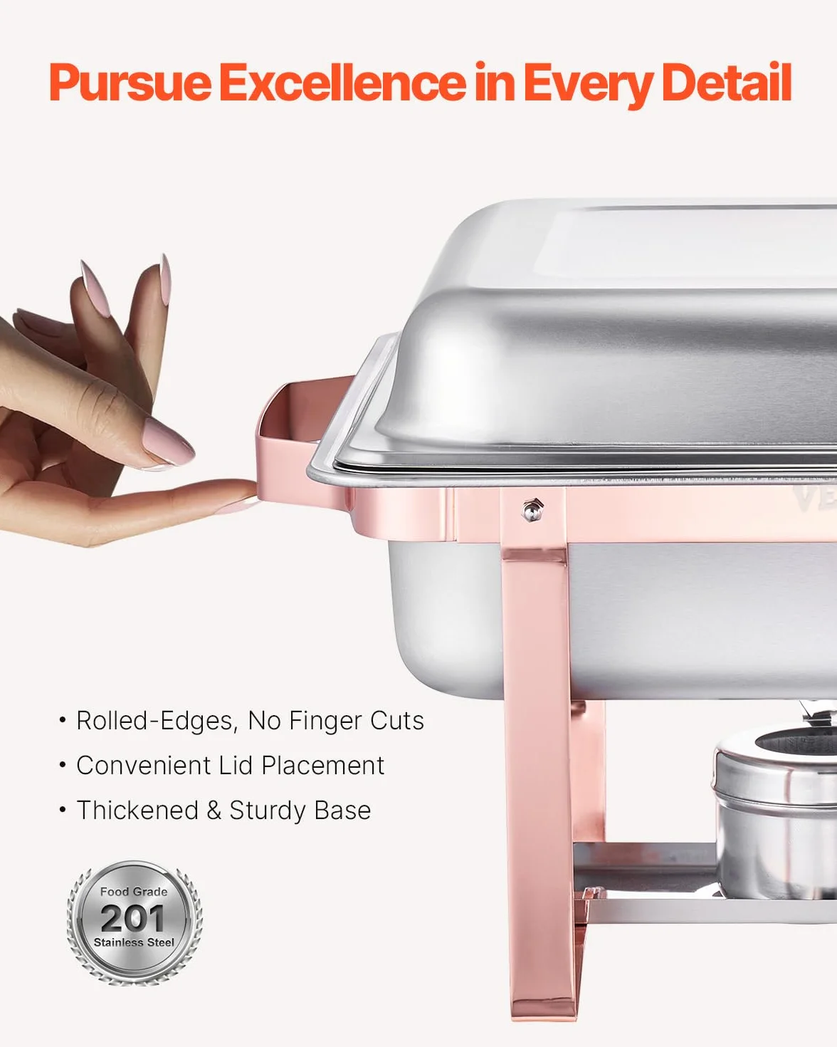 VEVOR Juego de 2 Platos para Calentar Alimentos Acero Inoxidable 7,5 L con Tapa y Soporte, Oro Rosa