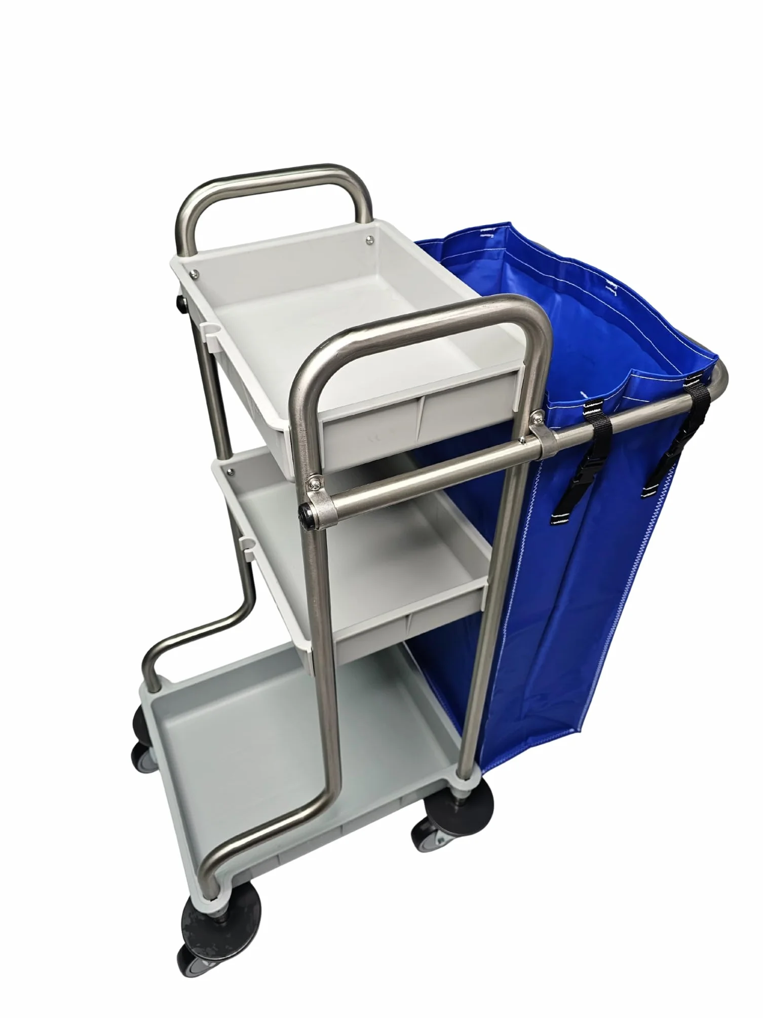 Carro de Limpieza Profesional Acero INOX 18/8 con 3 ESTANTES de Polipropileno, Ruedas de 100mm con Protector y Bolsa de 70L