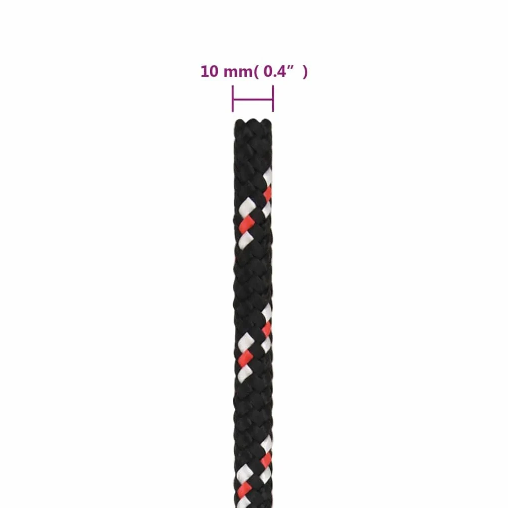 Cuerda de polipropileno negro de 10 mm de grosor, 25 m de longitud, 43 g por m, 645 kg de resistencia a la rotura, resistente a la intemperie para vela, barco, camping, fijación y seguridad