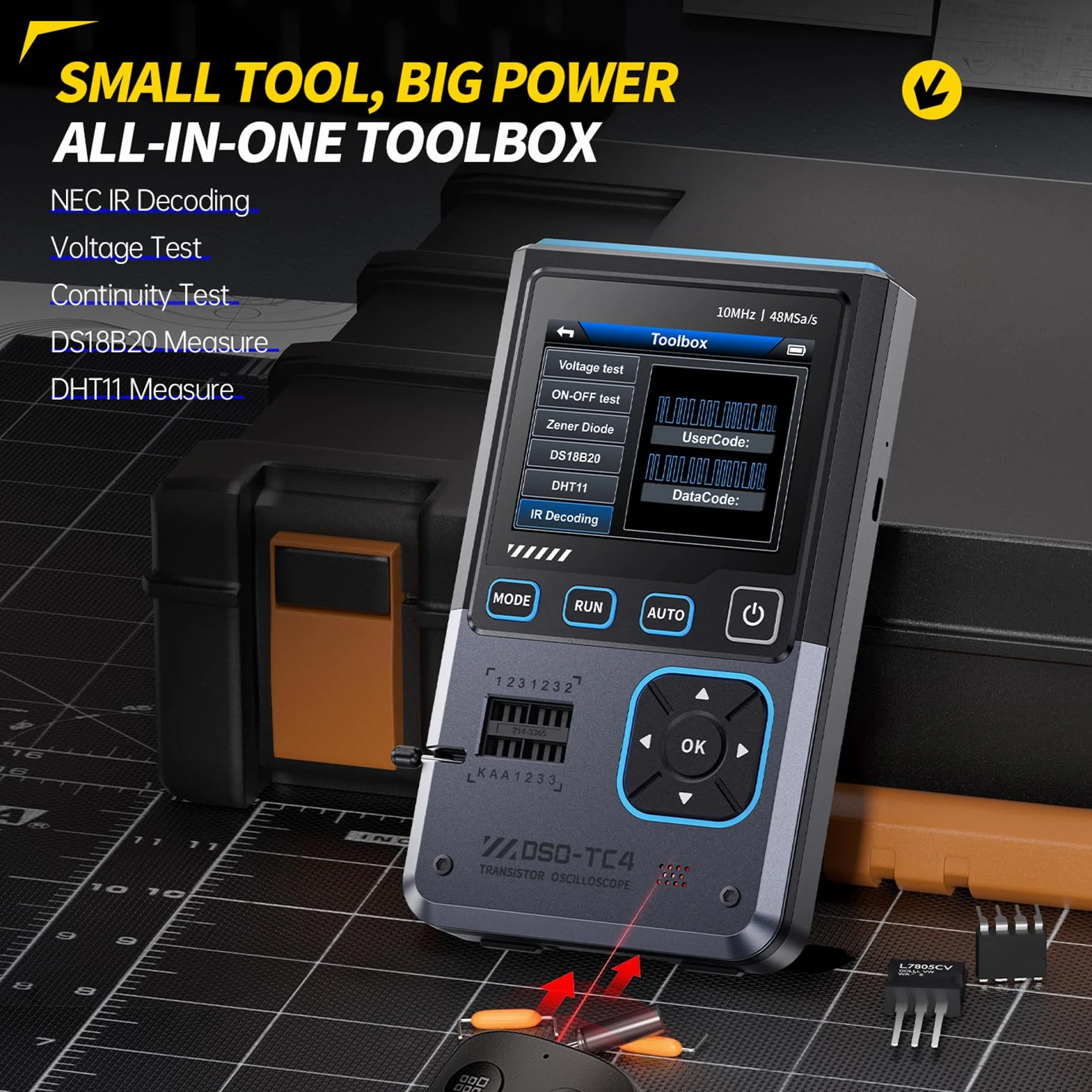 DEWIN DSO-TC4 Osciloscopio digital, 3 en 1 Osciloscopio portatil/Probador de transistores/Generador de señales,Ancho de banda de 10 MHz, frecuencia de muestreo de 48 MSa/s, protección anti-quemaduras