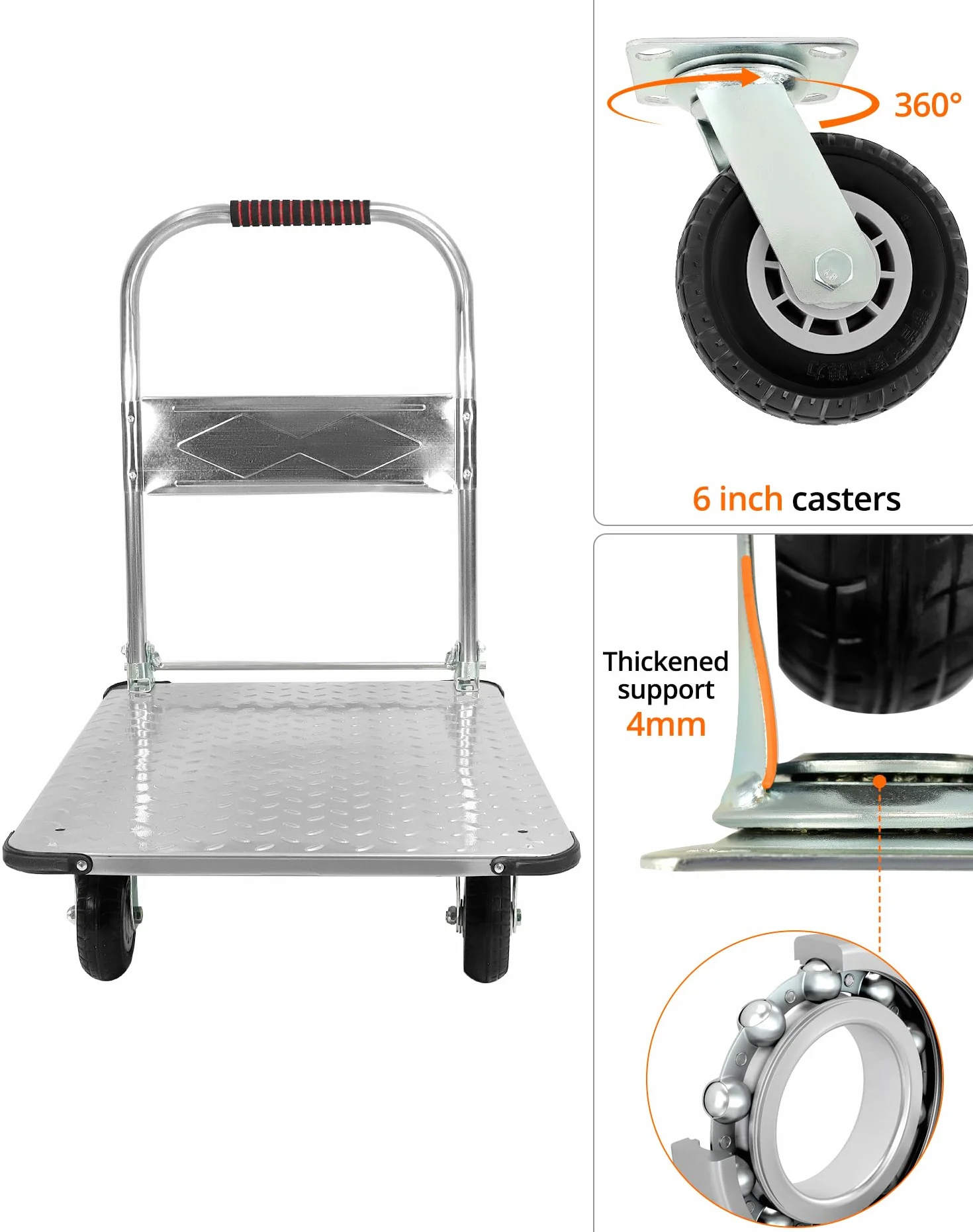 QWORK® Carro de Plataforma Plegable Robusto, con Capacidad de Carga de 1100 kg, 90 x 60 cm y neumáticos de Goma silenciosos, Carro de Transporte de Acero para Trabajo Pesado