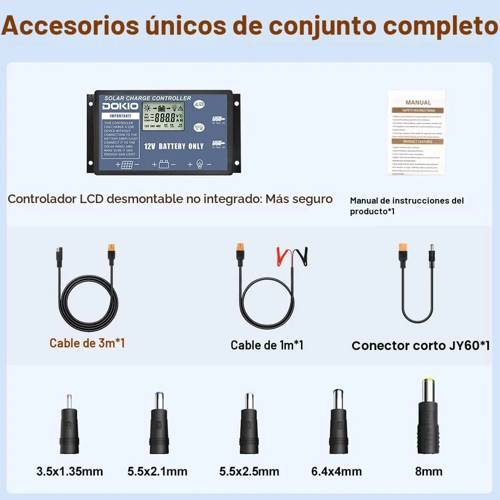 DOKIO Panel Solar Portatil 200W 18V Kit Monocristalino (Alta Eficiencia) con regulador de carga solar y cable fotovoltaico para batería de coche de 12V, AGM, batería de gel, batería de ácido