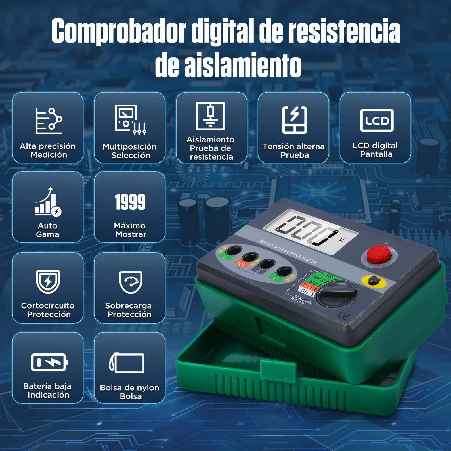 KAISAL Probador de Resistencia de Aislamiento 0-2000MΩ Digital Probador de Aislamiento Megohmetro