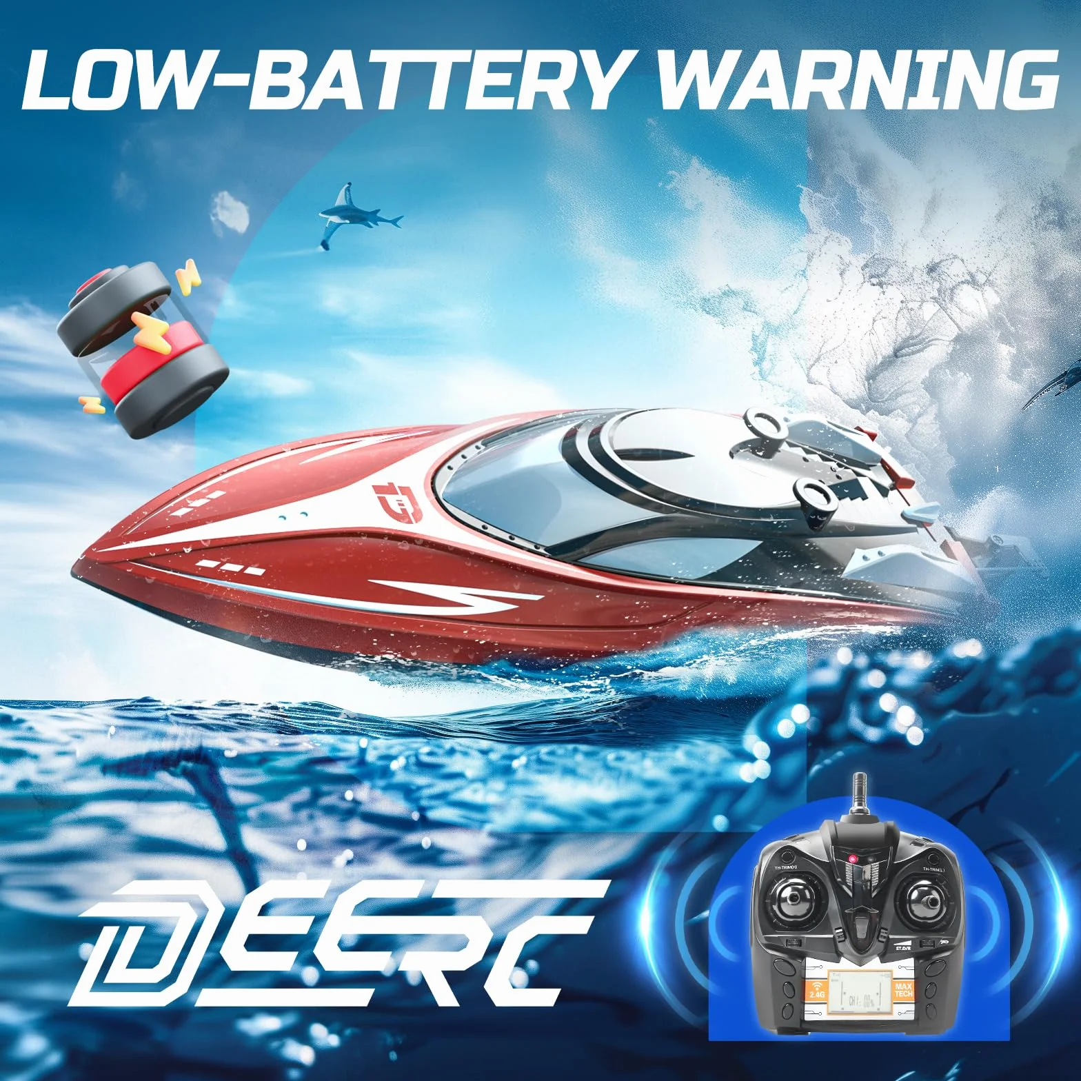 DEERC H120 Barco teledirigido rápido 2,4 GHz 20+ mph para Piscinas Lagos con 2 baterías Recargables Alarma batería baja recuperación antivuelco