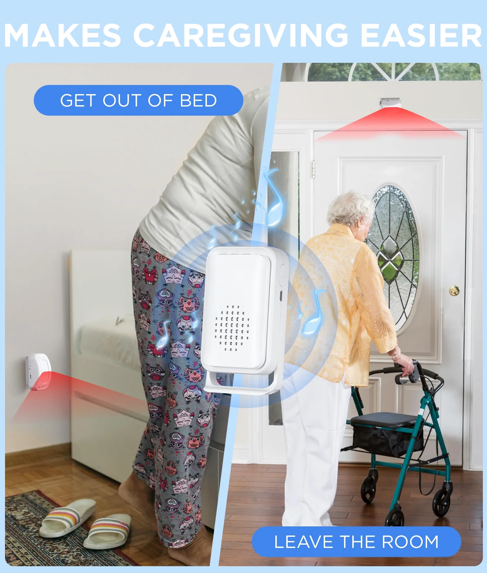 Alarma de cama para adultos mayores, alarma inalámbrica con sensor de movimiento para personas mayores (2 sensores + 1 receptor)
