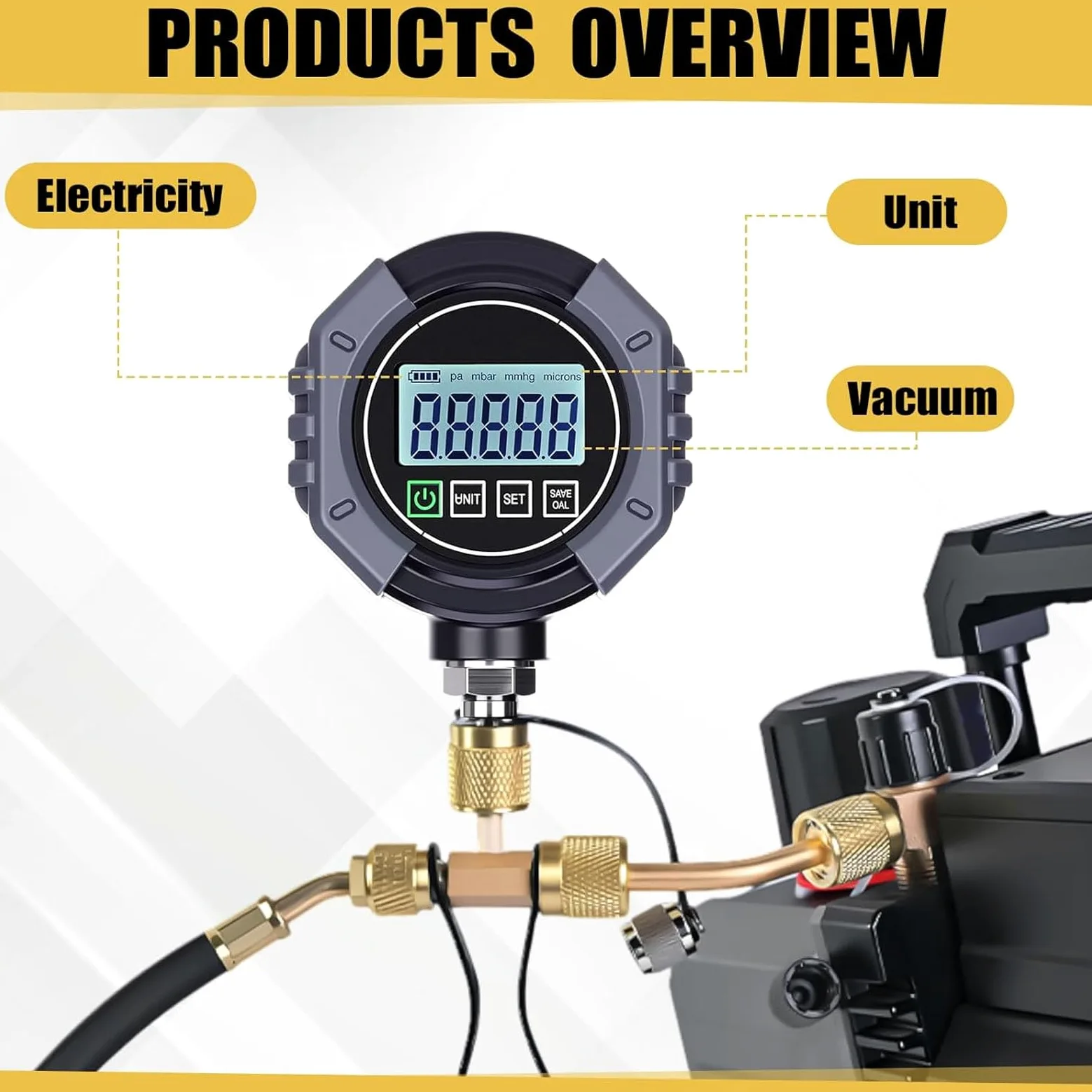 AMONIDA Medidor de Vacío Digital Medidor de Micrones HVAC con Monitoreo de Aplicación Compensación de Temperatura para Detección de Fugas en Sistemas de Vacío de Refrigeración HVAC