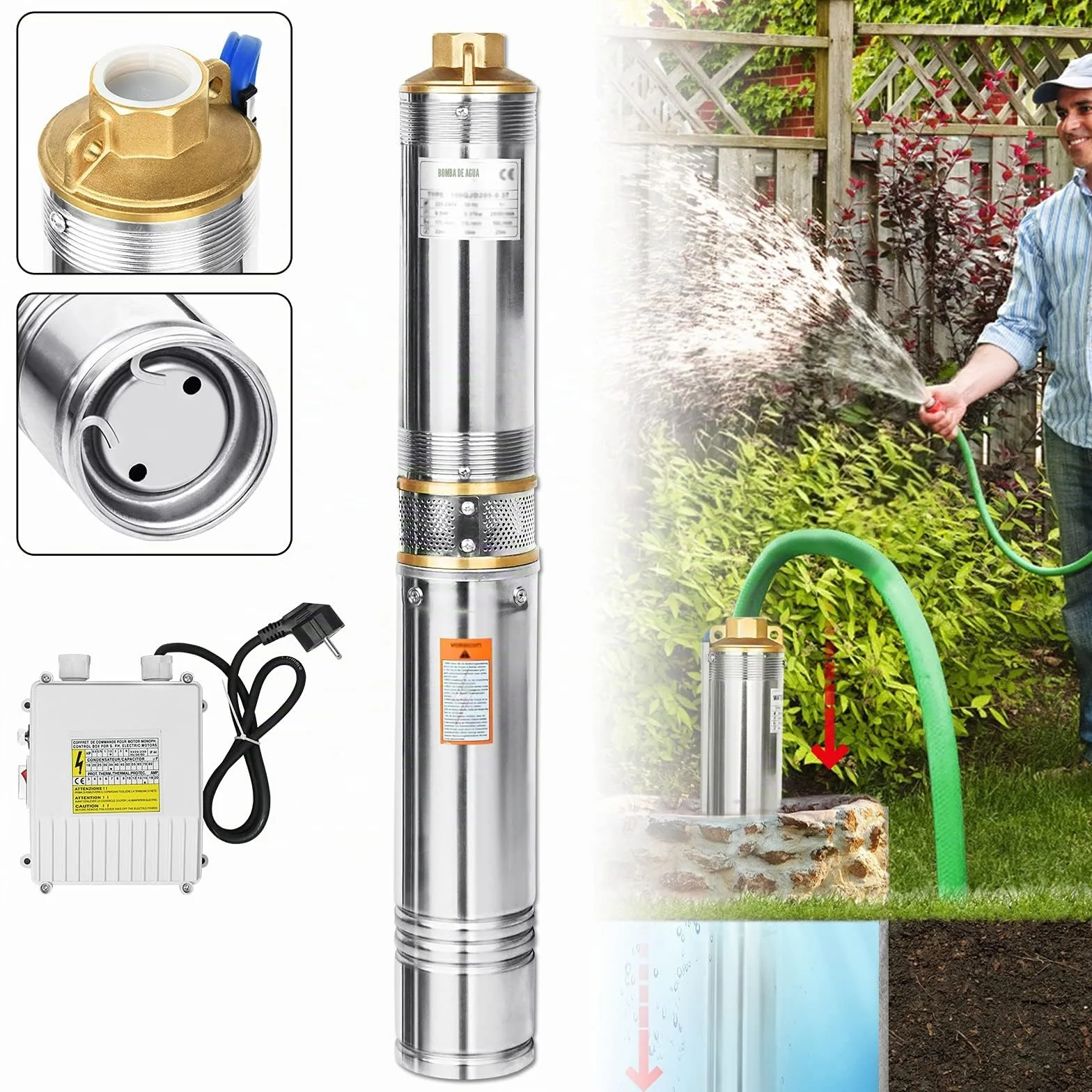 UISEBRT Bomba para pozos profundos, 4 pulgadas, 0,37 kW, acero inoxidable, compatible con arena, capacidad de extracción de hasta 4.000 l/h, bomba sumergible de 92 mm de diámetro
