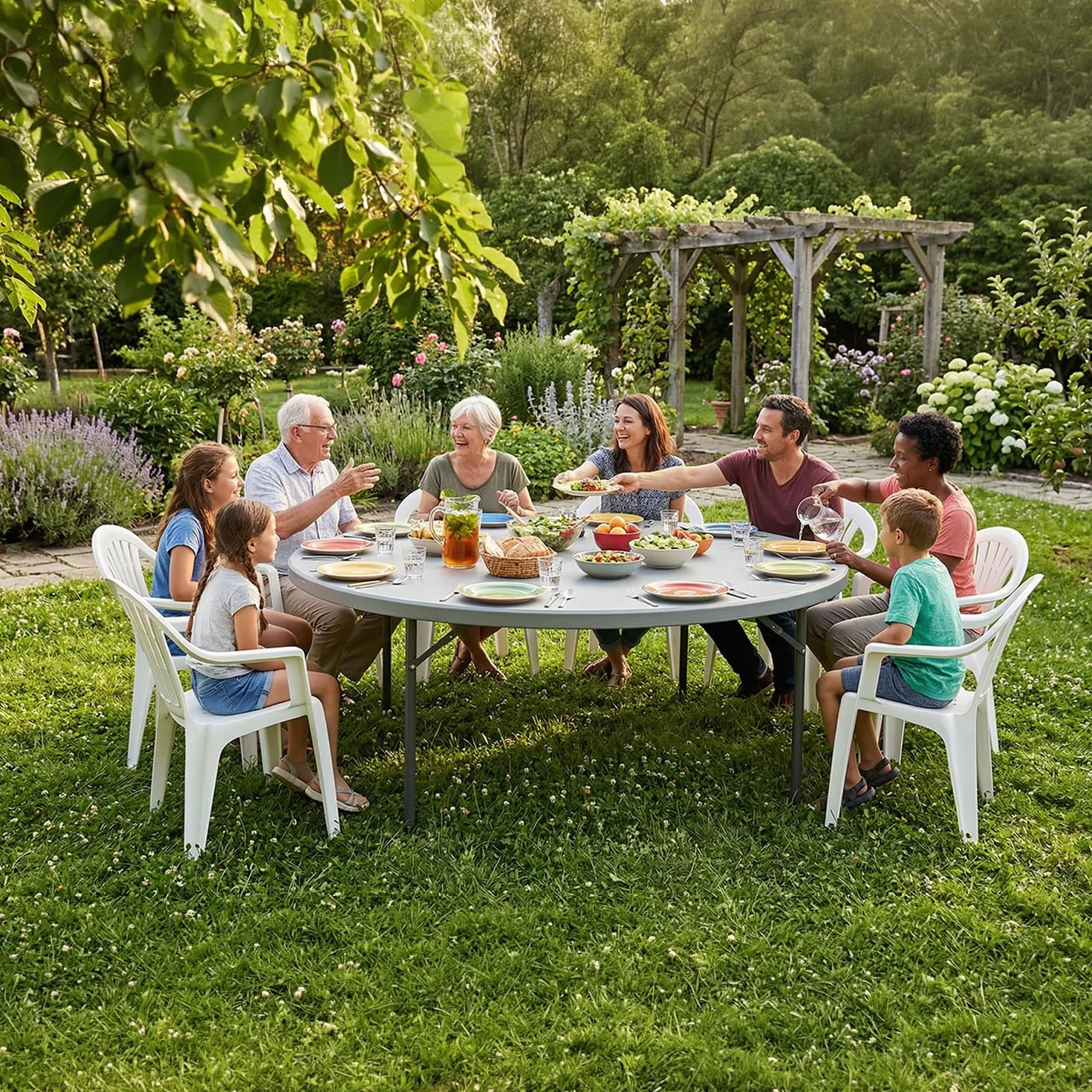 Mesa Redonda Grande de 160 x 160cm con Patas Plegables de Exterior, Jardín, Catering y Hostelería. Auxiliar para Comedor y Camping, de 8 Personas, Fácil de Transportar, Portátil y de PVC