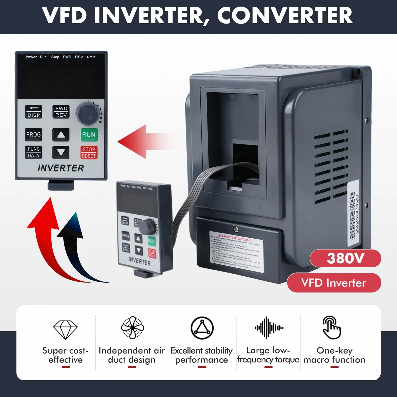 Jadeshay Variador de Frecuencia Monofásico a Trifásico Convertidor de Frecuencia 2.2KW 220V a 380V VFD con Control PWM 50/60Hz 8A Panel Removible para Regulación de Velocidad de Motor