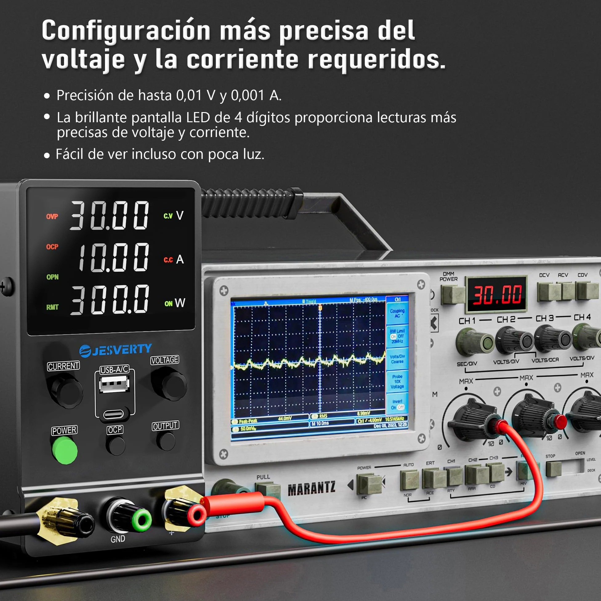 Fuente de alimentación CC Variable, 0-30V 0-10A Fuente de alimentación de Banco regulada CC con Carga rápida USB y Tipo C, Perilla codificadora,Interruptor de Encendido/Apagado de Salida Jesverty
