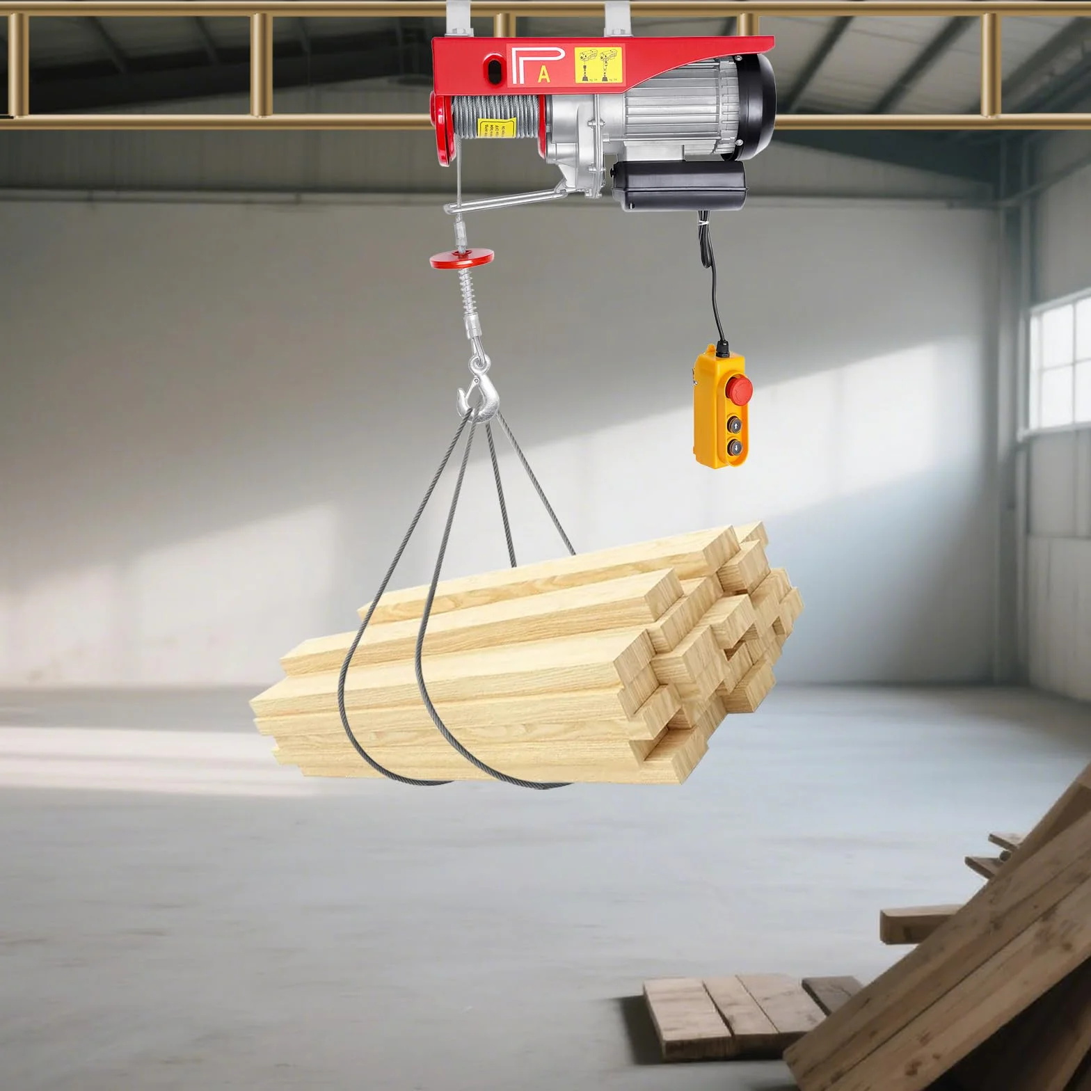 Polipasto eléctrico 800kg, andamio de cabrestante aéreo, Grúa e-Hoist 220V, con dos eslingas Control remoto inalámbrico 80m 12m cuerda de alambre, para Garaje almacén Planta de elevación Planta