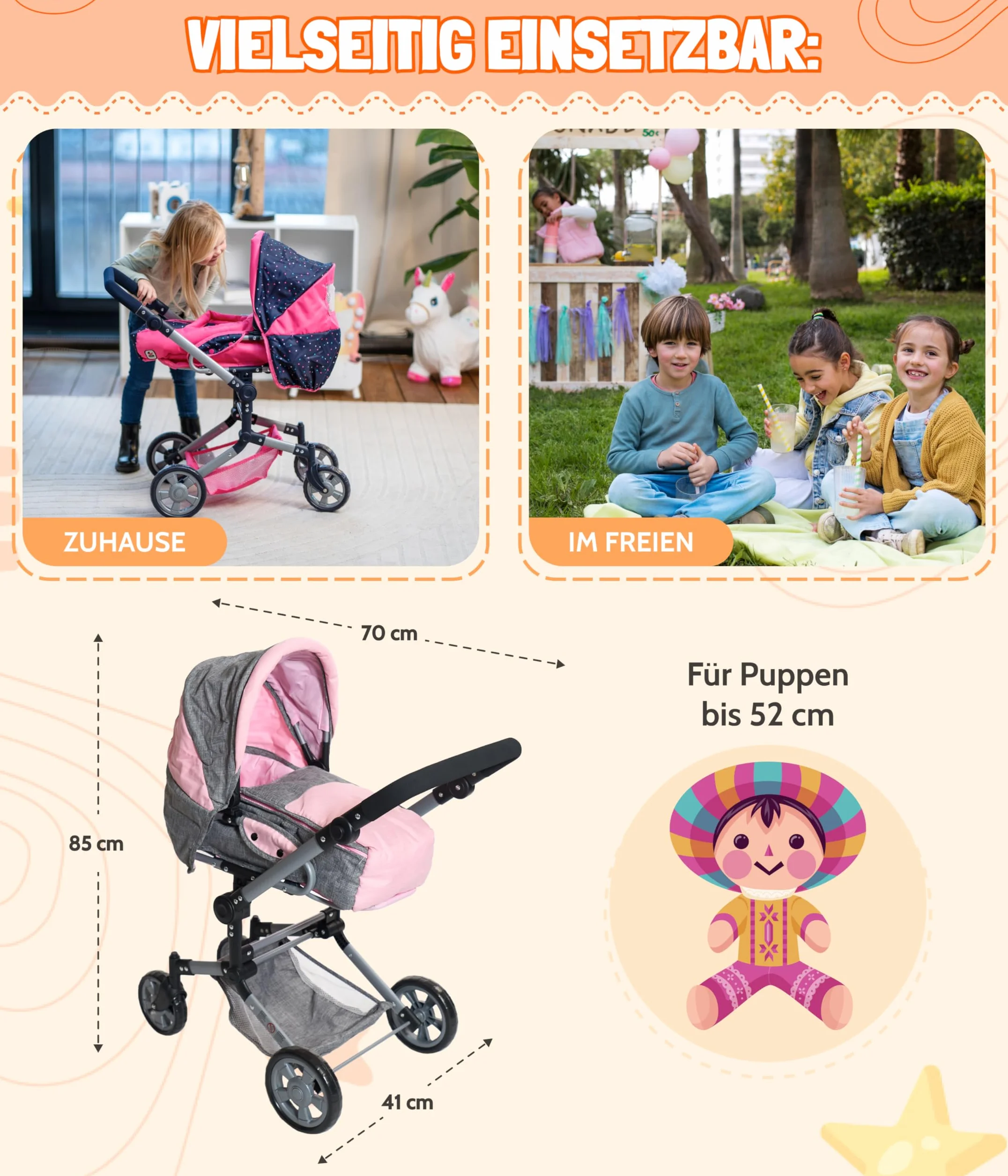 Bayer Chic 2000 Carrito 3 en 1 para muñecas Jara, Gris y Rosa, Plegable, Mango Regulable 47-78 cm, Bolsa Transporte