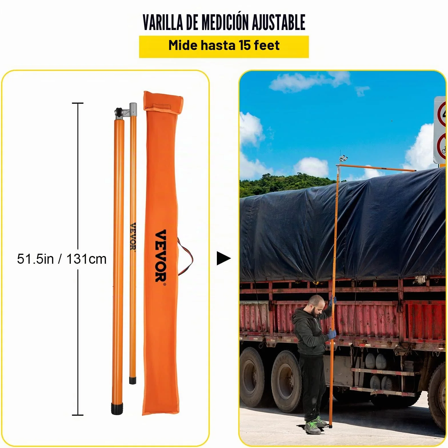 VEVOR Varilla telescópica para medir altura rango de varilla medidora de altura de carga 140-457 cm fibra de vidrio con poste ajustable no conductora con bolsa de transporte para transporte en camión