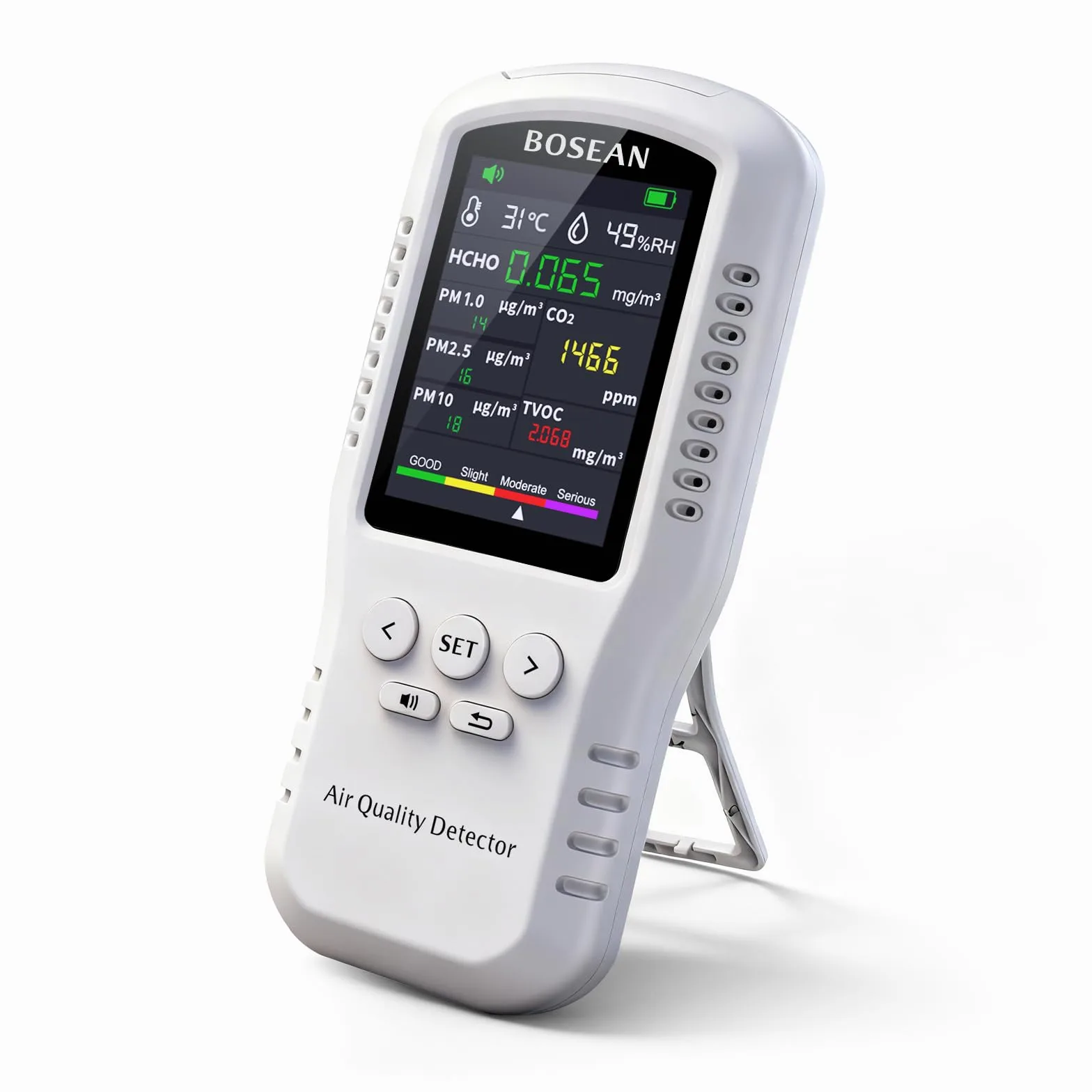 Medidor de calidad del aire para el hogar CO2 TVOC HCHO PM2.5 PM10 PM1.0, 5 sensores reales detectores de temperatura y humedad, adecuado para oficinas en casa o escuelas, medidor de calidad del aire