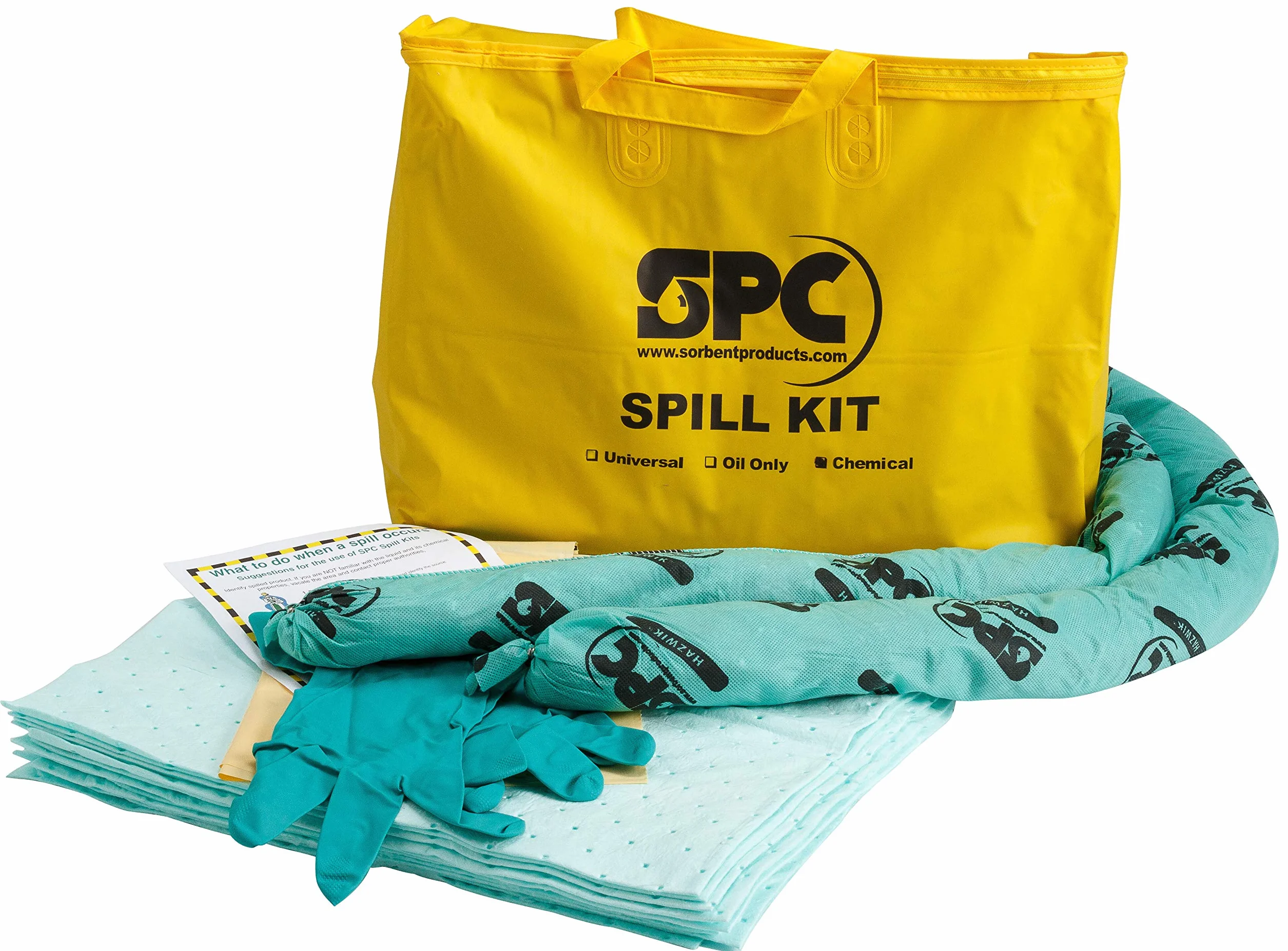 SPC® by Brady Kit Anticontaminación Químico – Kit Portátil para Derrames de Sustancias Químicas Peligrosas, Incluye 10 Almohadillas Absorbentes Químicas, 2 Calcetines, Guantes y Bolsa para Desechos