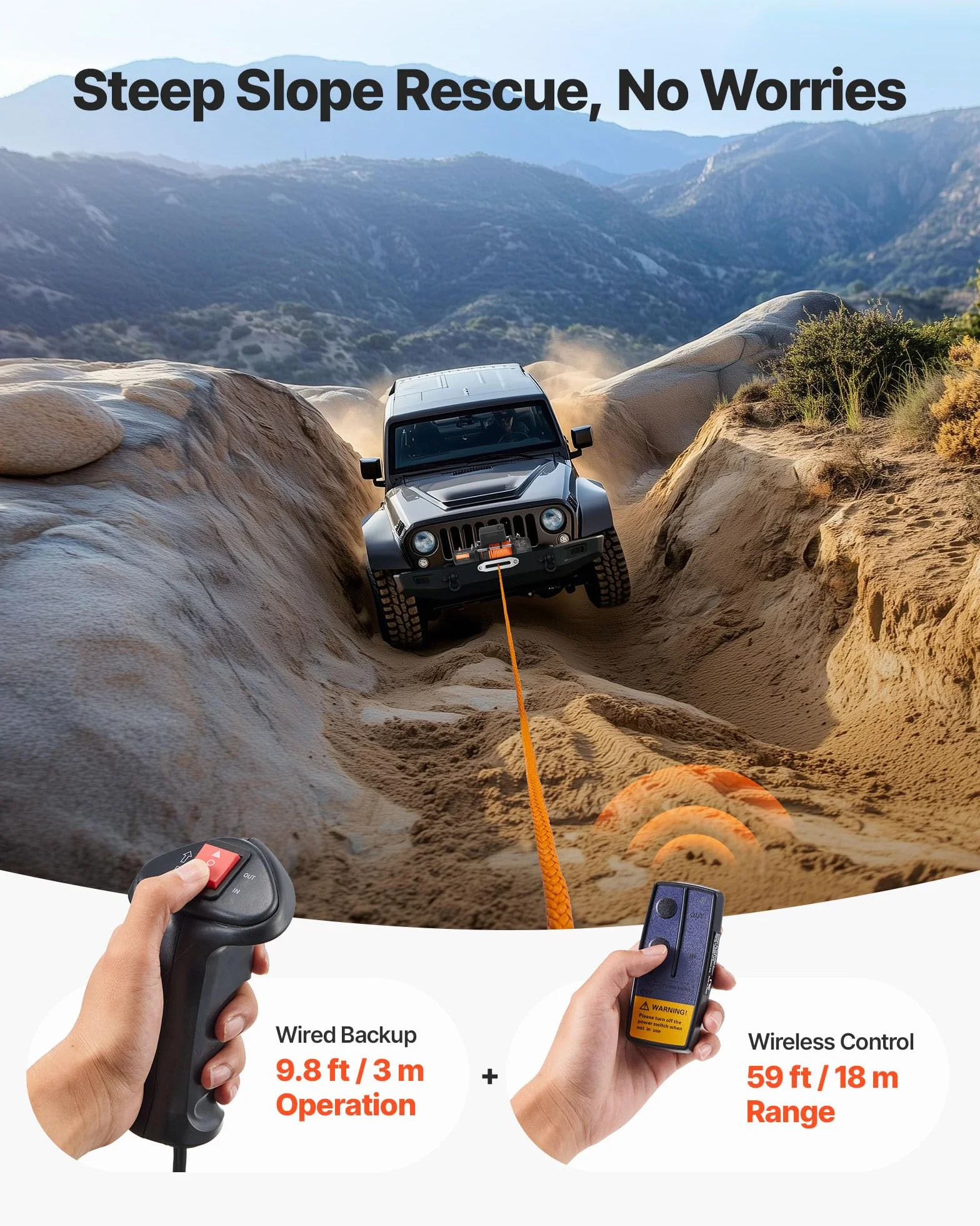 VEVOR Cabrestante Eléctrico 6123 kg 12 V CC Cuerda Sintética Guía de Cable Control Remoto Inalámbrico y por Cable Impermeable IP55 para Remolcar SUV Todoterreno, Jeep, Camión, Remolque, Barco