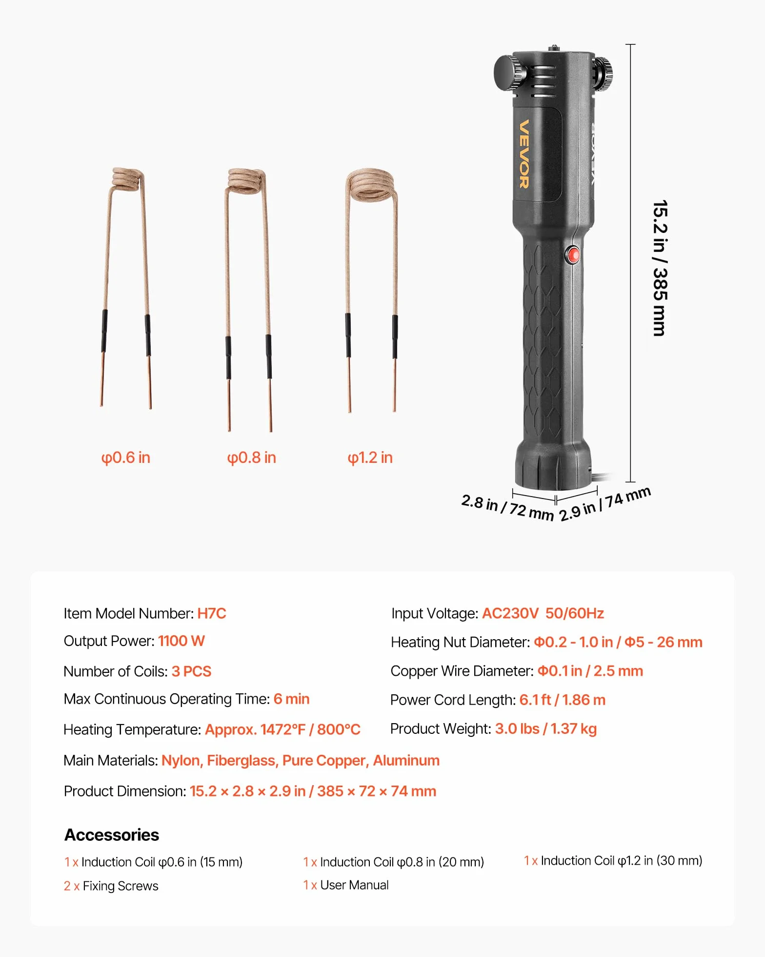 VEVOR Calentador de Inducción para Extracción de Tornillos, 1100 W, Calentador para Extracción de Tornillos Oxidados, Herramientas de Reparación de Taller con 3 Bobinas, 385 x 72 x 74 mm, Negro