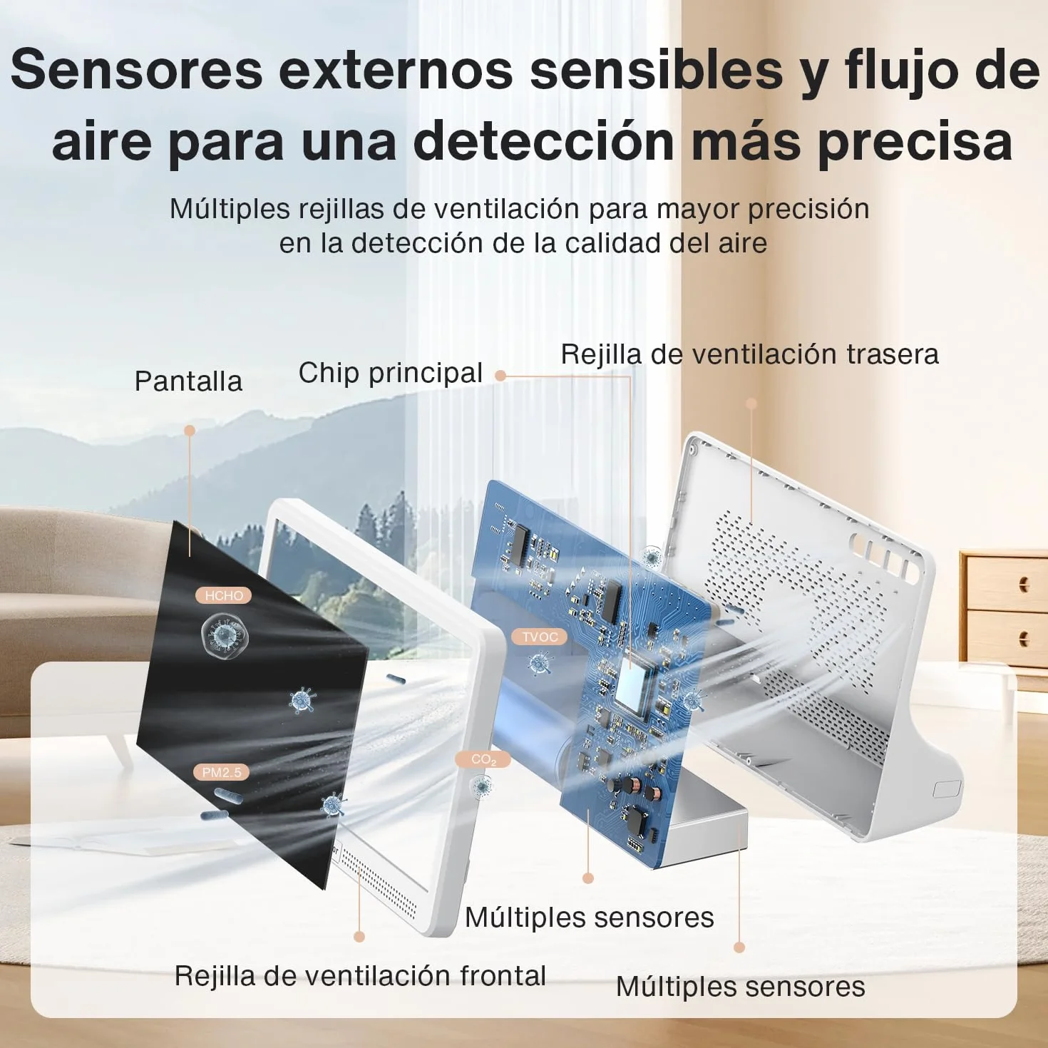 bonoch Monitor de Calidad del Aire 16 en 1 para Interiores con Pantalla de 7" – 9 AQI + 7 Alertas AQI – Medidor de CO2, TVOC, PM2.5, PM1.0, PM10, HCHO, Temperatura, Humedad, AQI y Hora – Para Hogar