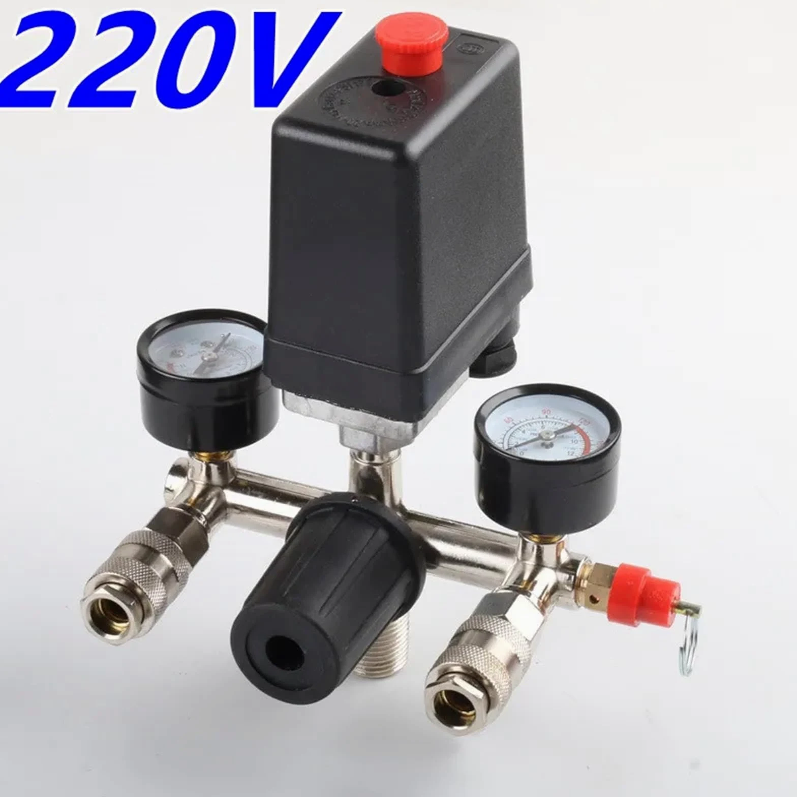 Bomba de compresor Aire 220V/380V 90-120 PSI con Interruptor presión, válvula Control, regulador Alivio del colector manómetro(220v)
