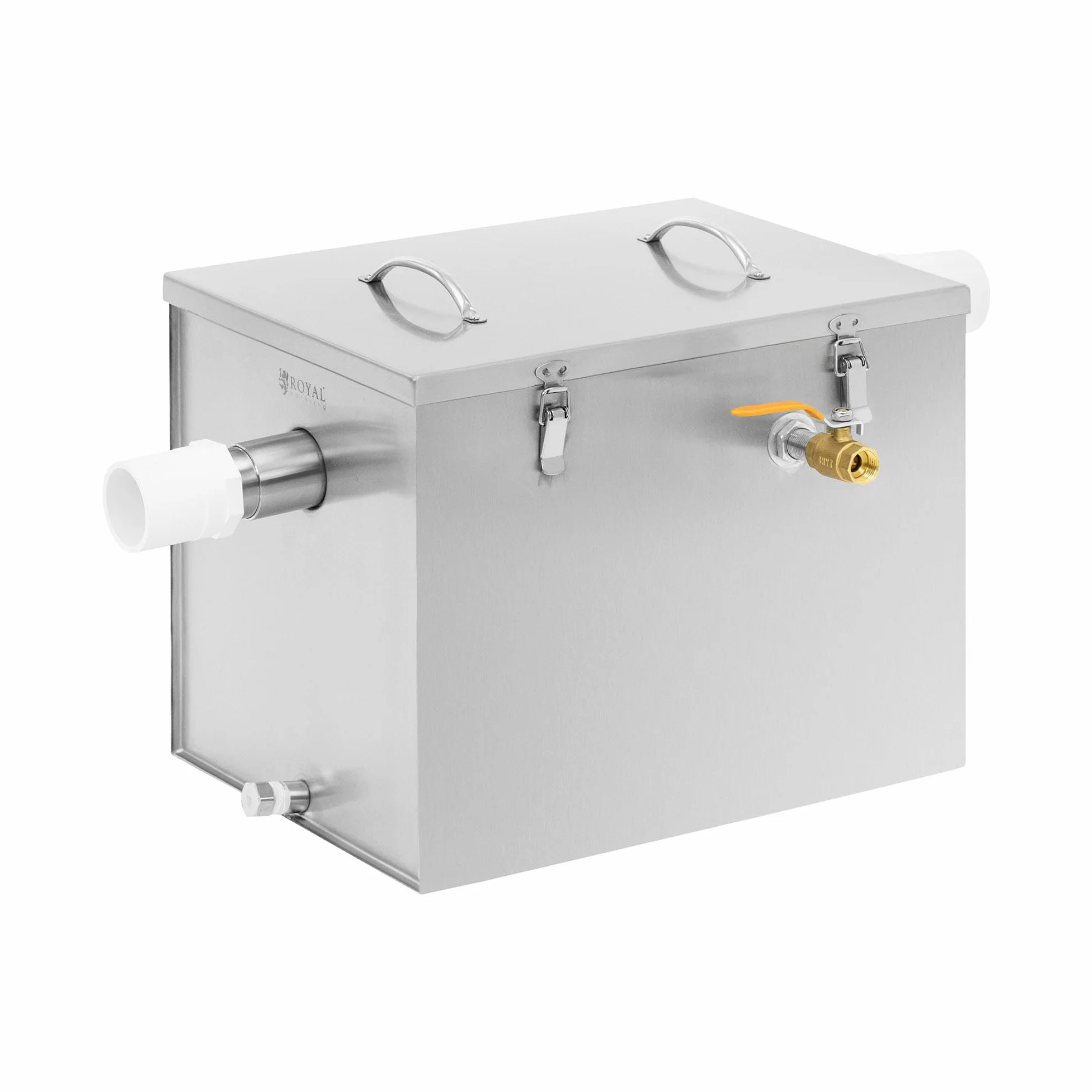 Royal Catering Separador de grasa de 40 l, de acero inoxidable, con filtro, válvula de drenaje y cubierta con cerradura, separador de aceite, separador de grasa para cocina, sistema separador de grasa