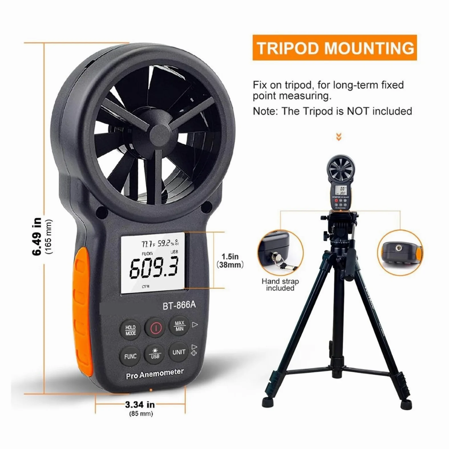 Anemómetros, Anemómetro digital portátil con medidor de CFM y conexión USB. Medidor de flujo de aire que mide la temperatura y velocidad del viento.
