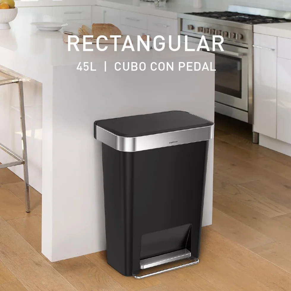 simplehuman, cubo rectangular con pedal y almacén de bolsas de basura, plástico negro, 45 L