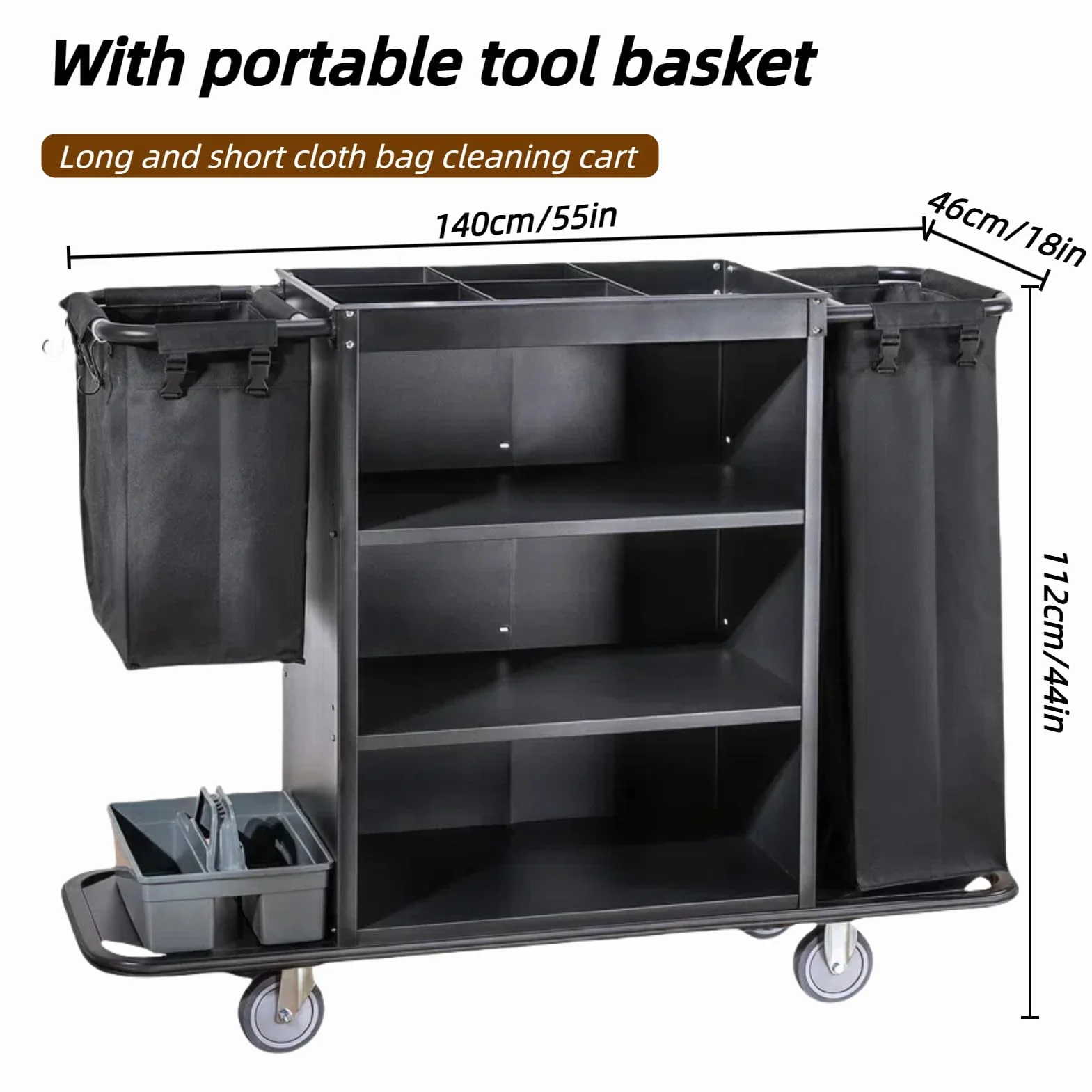 Carro Limpieza Comercial,Carro De Limpieza Hotelero,Limpieza con Bolsa De Gran Capacidad Y Ruedas,para Habitaciones, Restaurante, Limpieza Profesional,Negro,55×18×44in