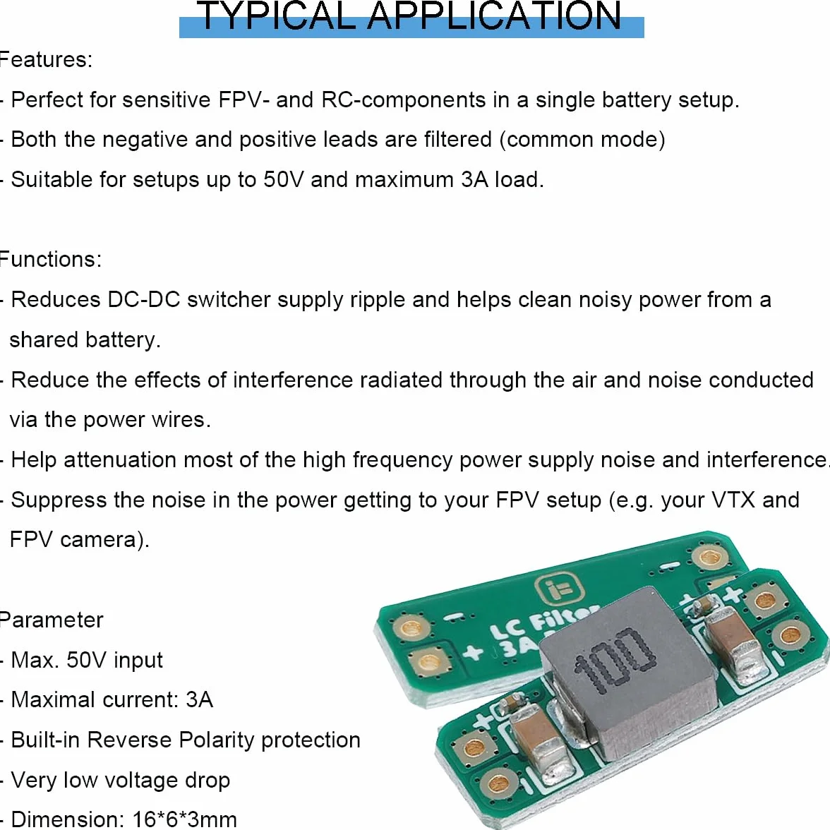 Módulo de filtro LC 5-50V 3A para transmisor FPV VTX Dron de carreras