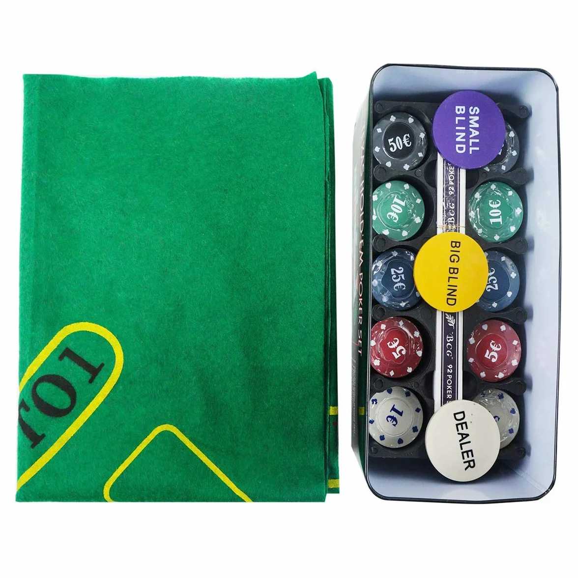 Set de Póker Profesional 200 Fichas, 2 Barajas, Botón Dealer, Tapete, Caja Metálica para Texas Holdem