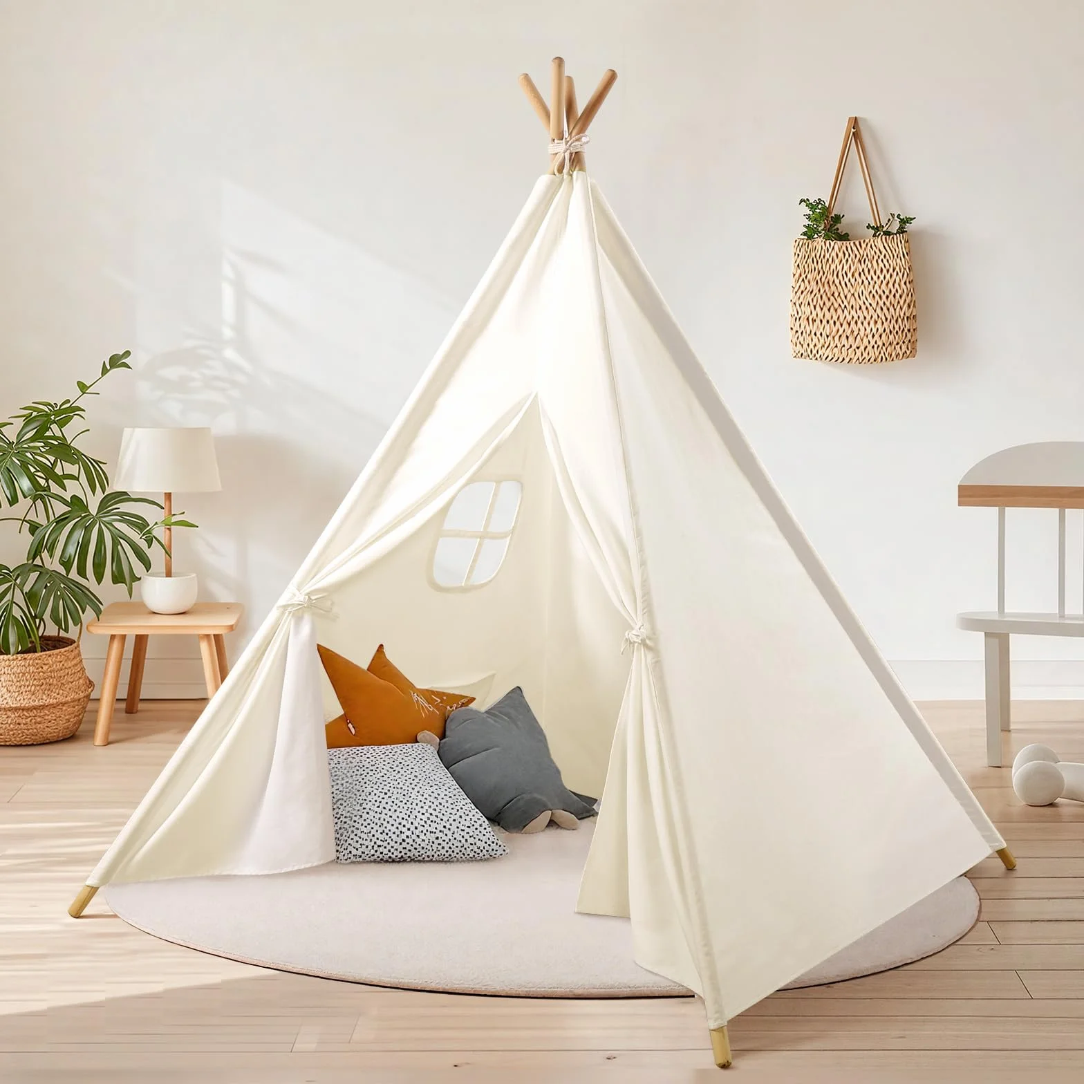 Tipi Infantil Algodón Tienda de Campaña Interior Madera Portátil Cabañas para Niños Blanco Roto