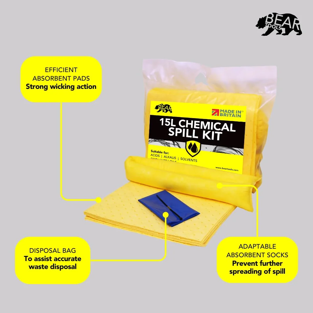 Kit de derrames de 15 litros (15 L) uso amarillo en derrames que involucran productos químicos ácidos agresivos álcalis exterior/uso interior