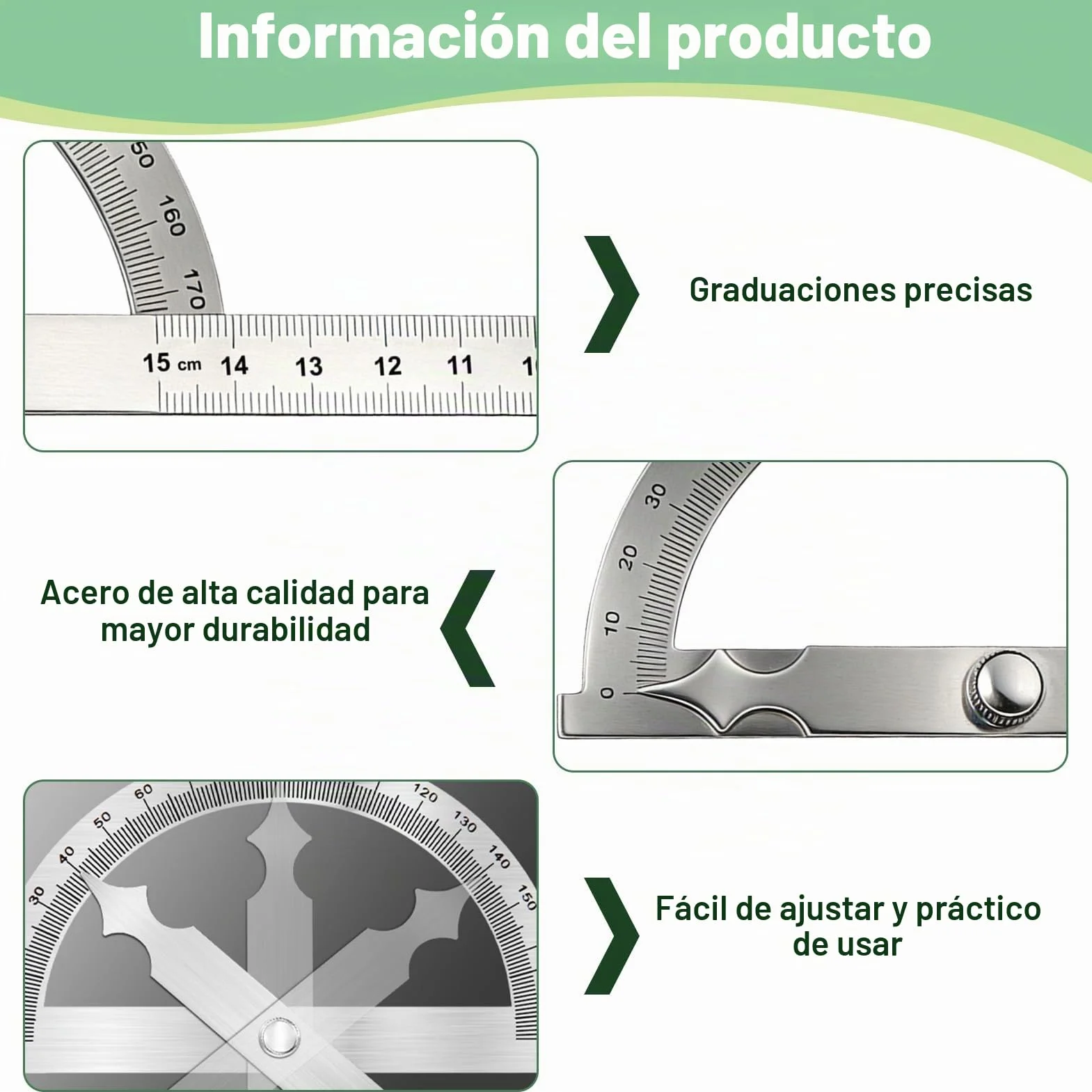 Transportador de Ángulos Metal Acero Inoxidable 15cm Regla Goniómetro Ajustable con Tornillo Fijación Herramienta Medición Carpintería